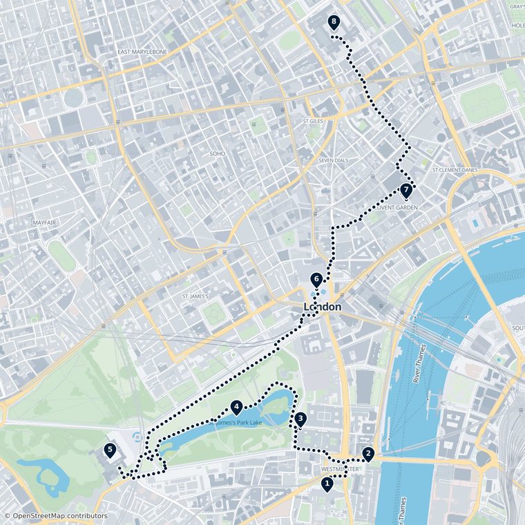 Map of a 3-day London trip itinerary with numbered stops