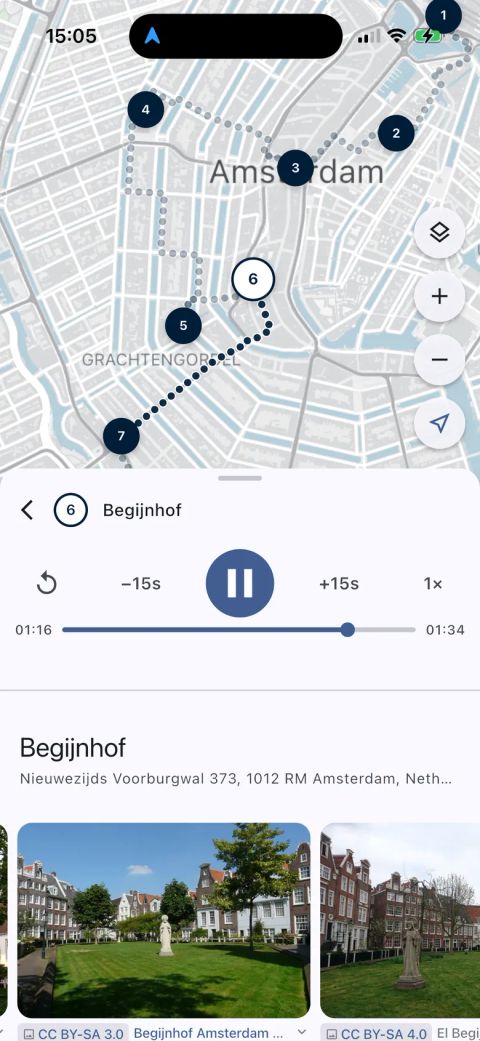 Přehrávání komentáře na zastávce v Amsterdamu