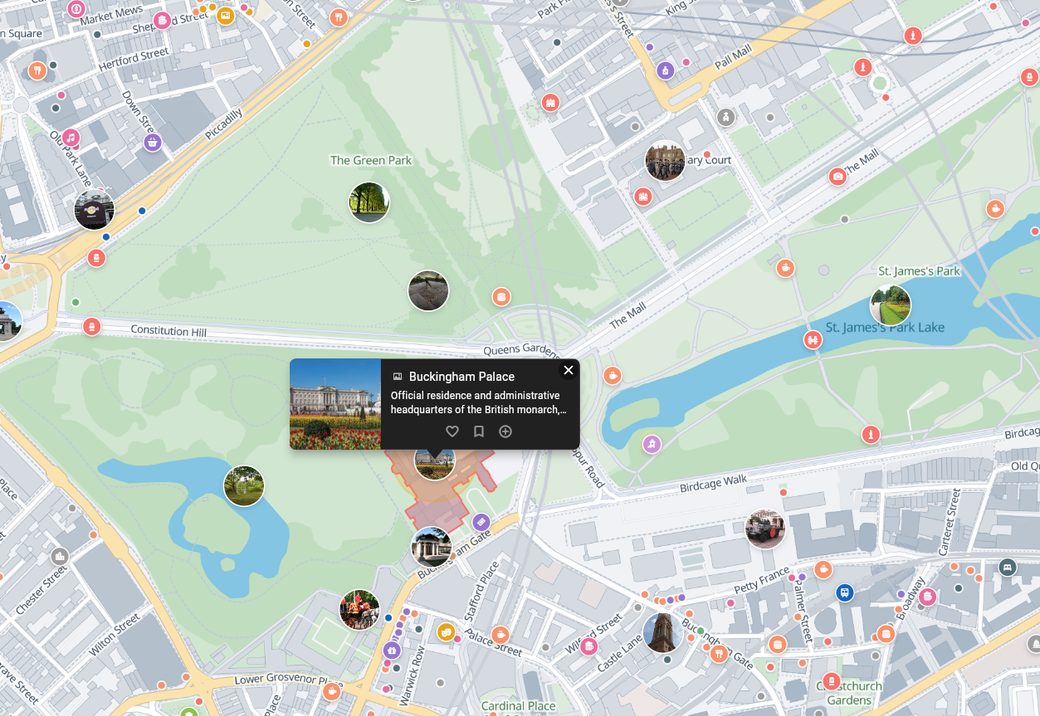 Tripomatic map widget showing a place card for Buckingham Palace
