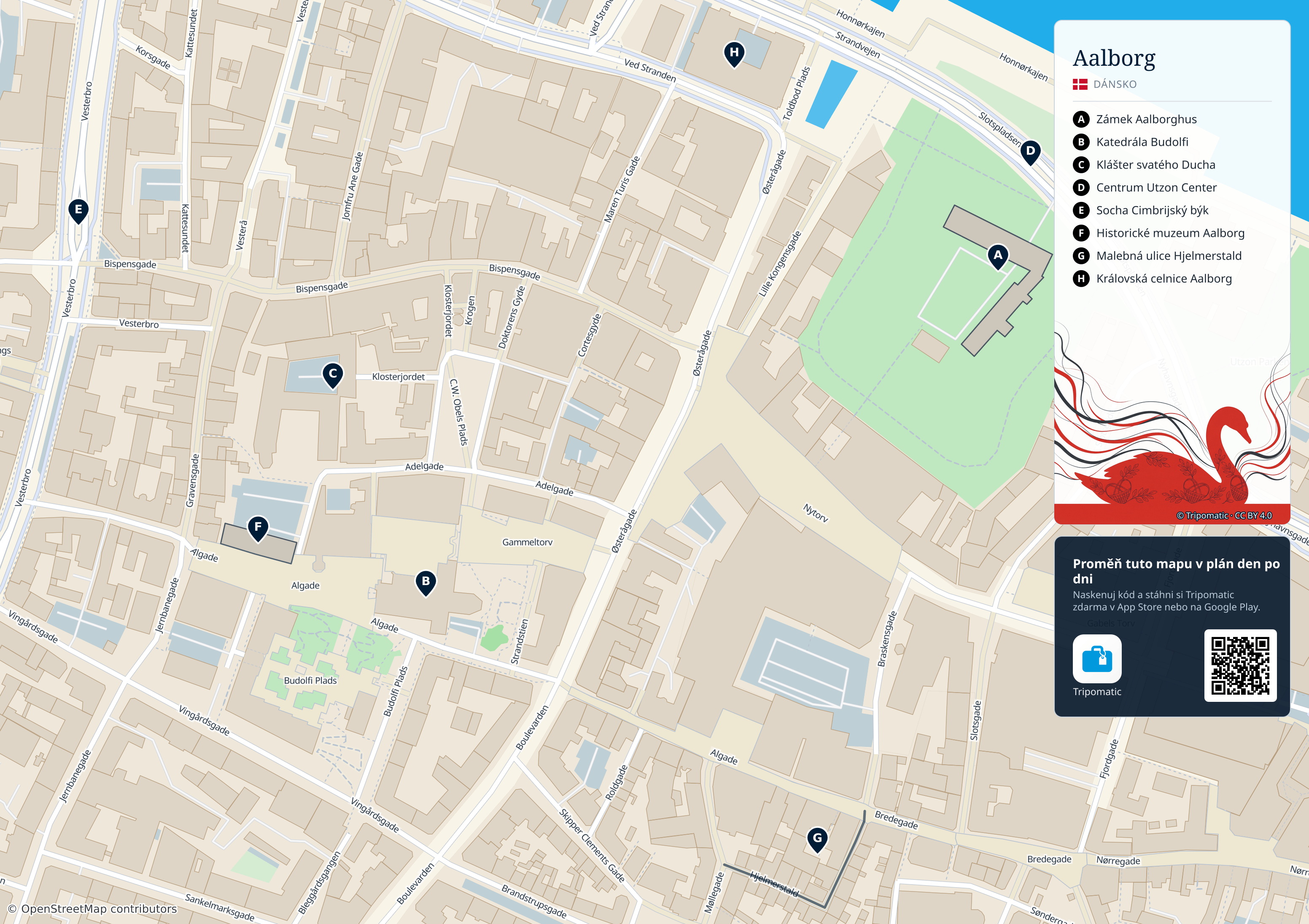 Aalborg – turistická mapa k vytisknutí s očíslovanými hlavními památkami
