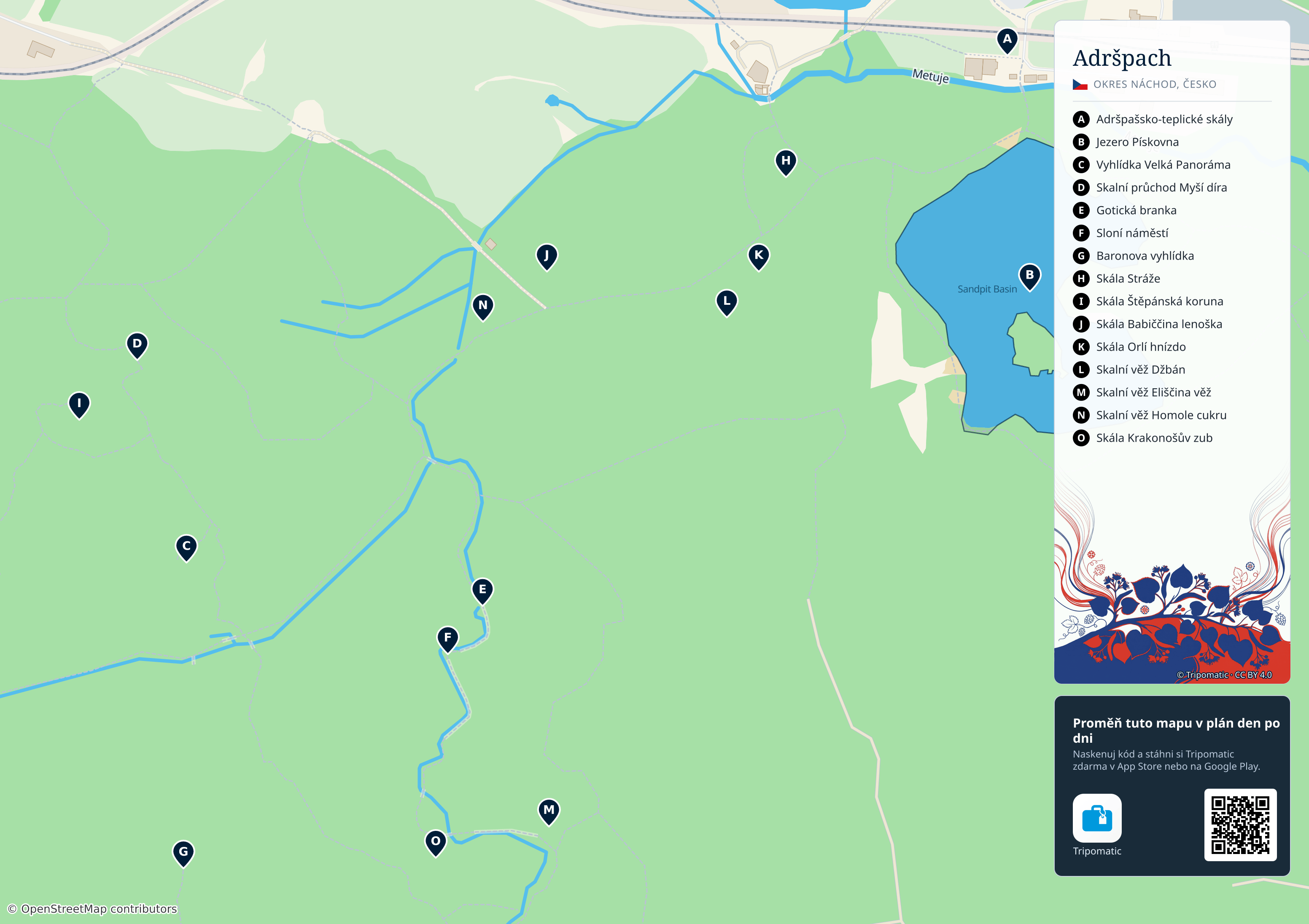 Adršpach – turistická mapa k vytisknutí s očíslovanými hlavními památkami