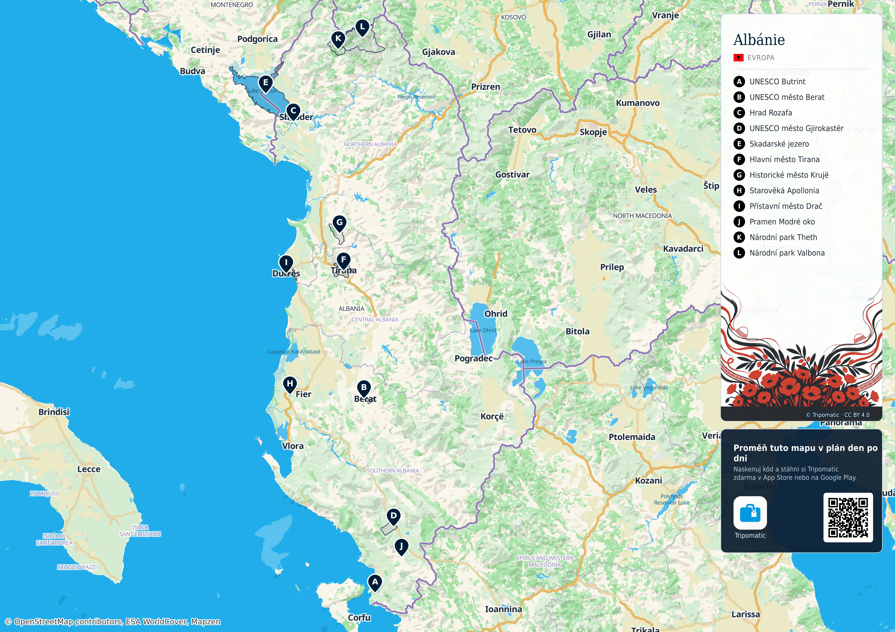 Albánie – turistická mapa k vytisknutí s očíslovanými hlavními památkami