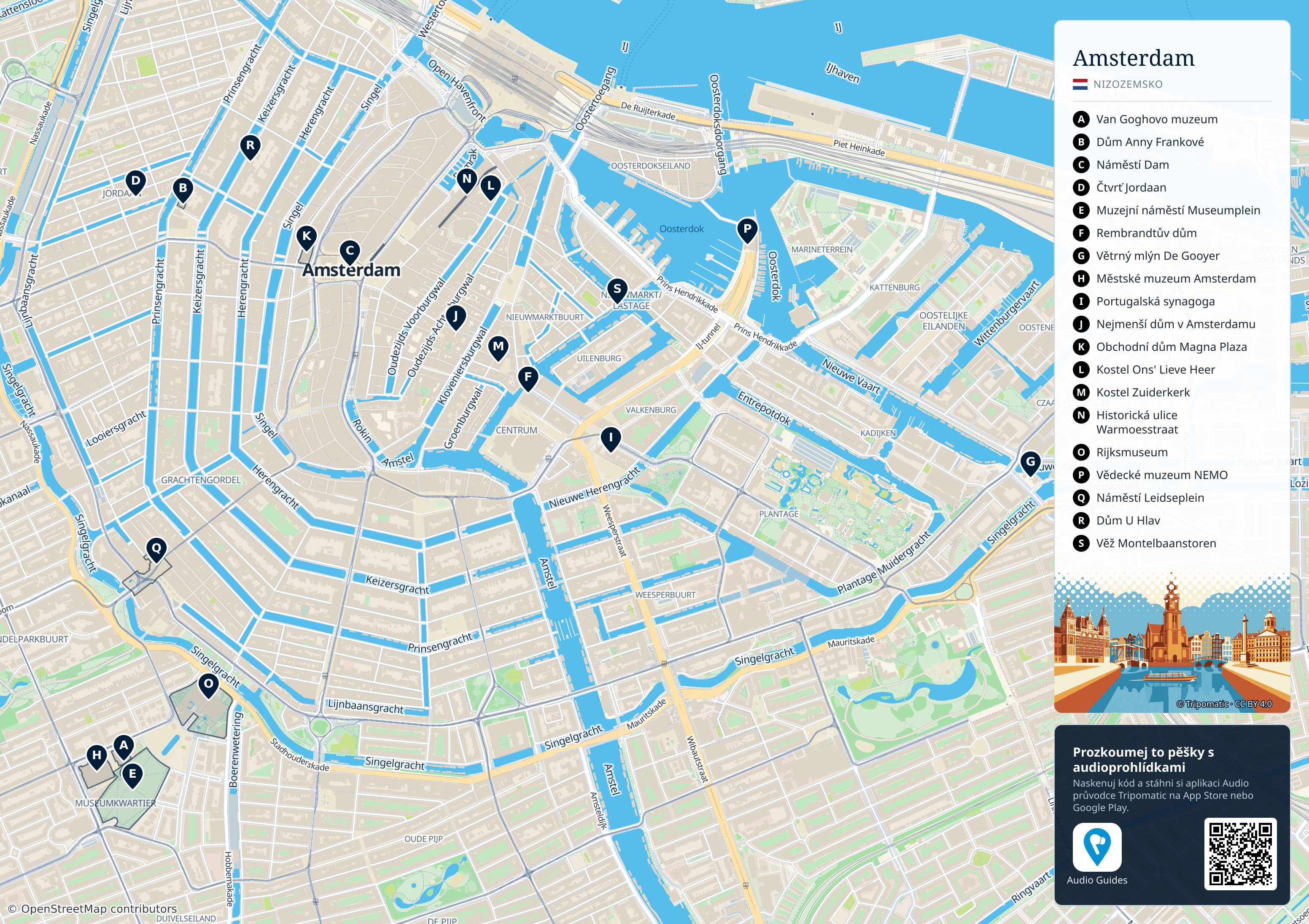 Amsterdam – turistická mapa k vytisknutí s očíslovanými hlavními památkami