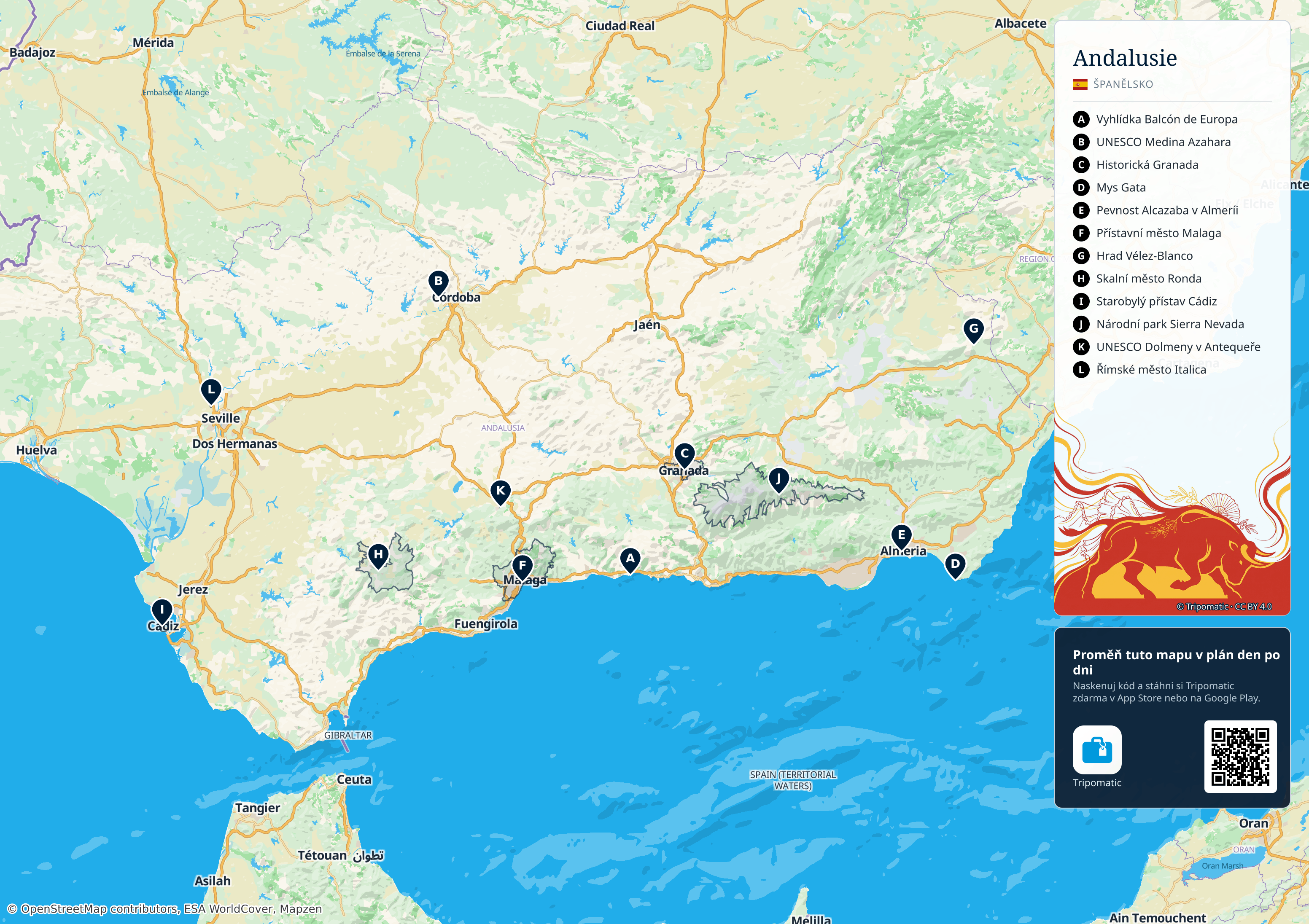 Andalusie – turistická mapa k vytisknutí s očíslovanými hlavními památkami