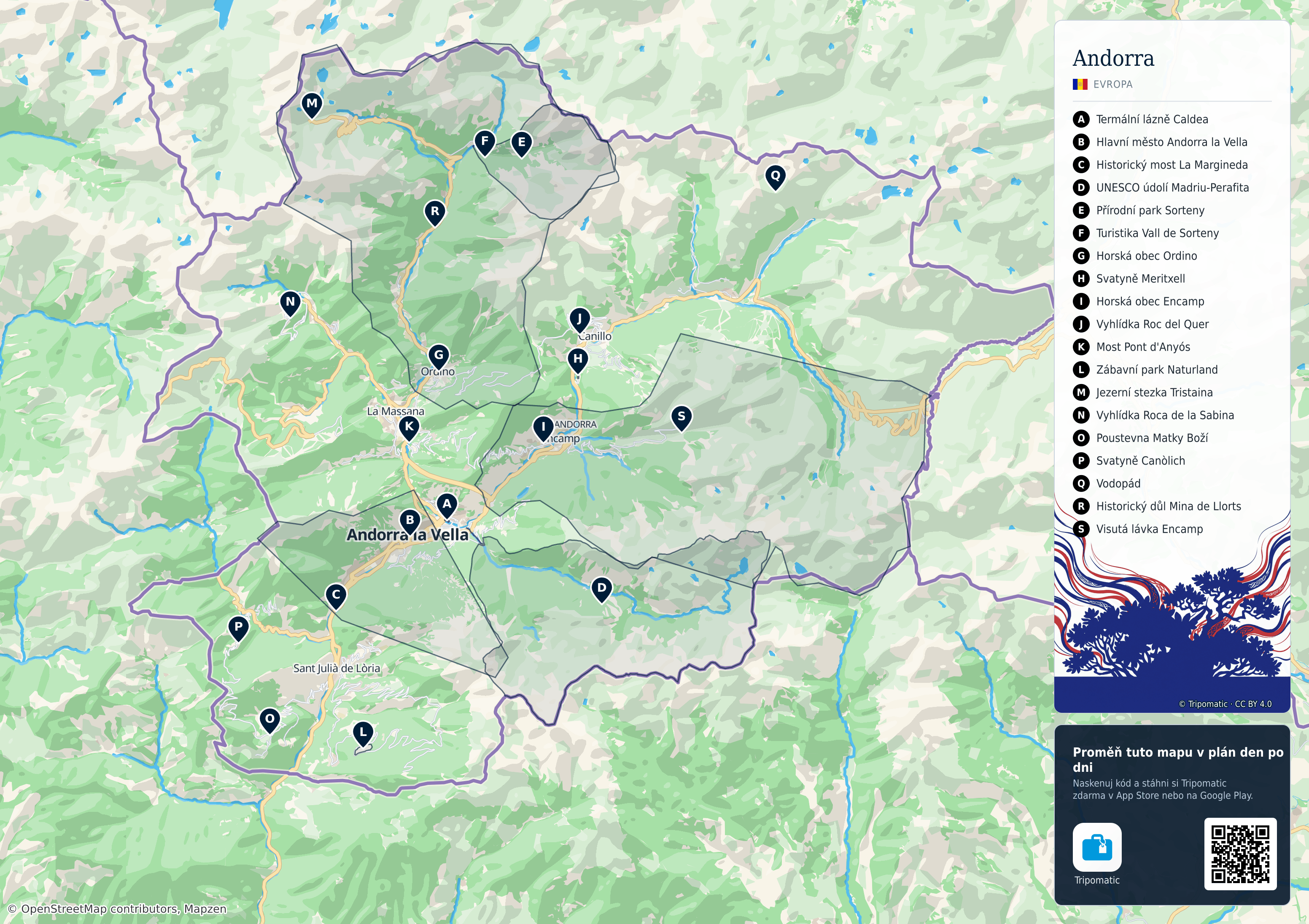Andorra – turistická mapa k vytisknutí s očíslovanými hlavními památkami