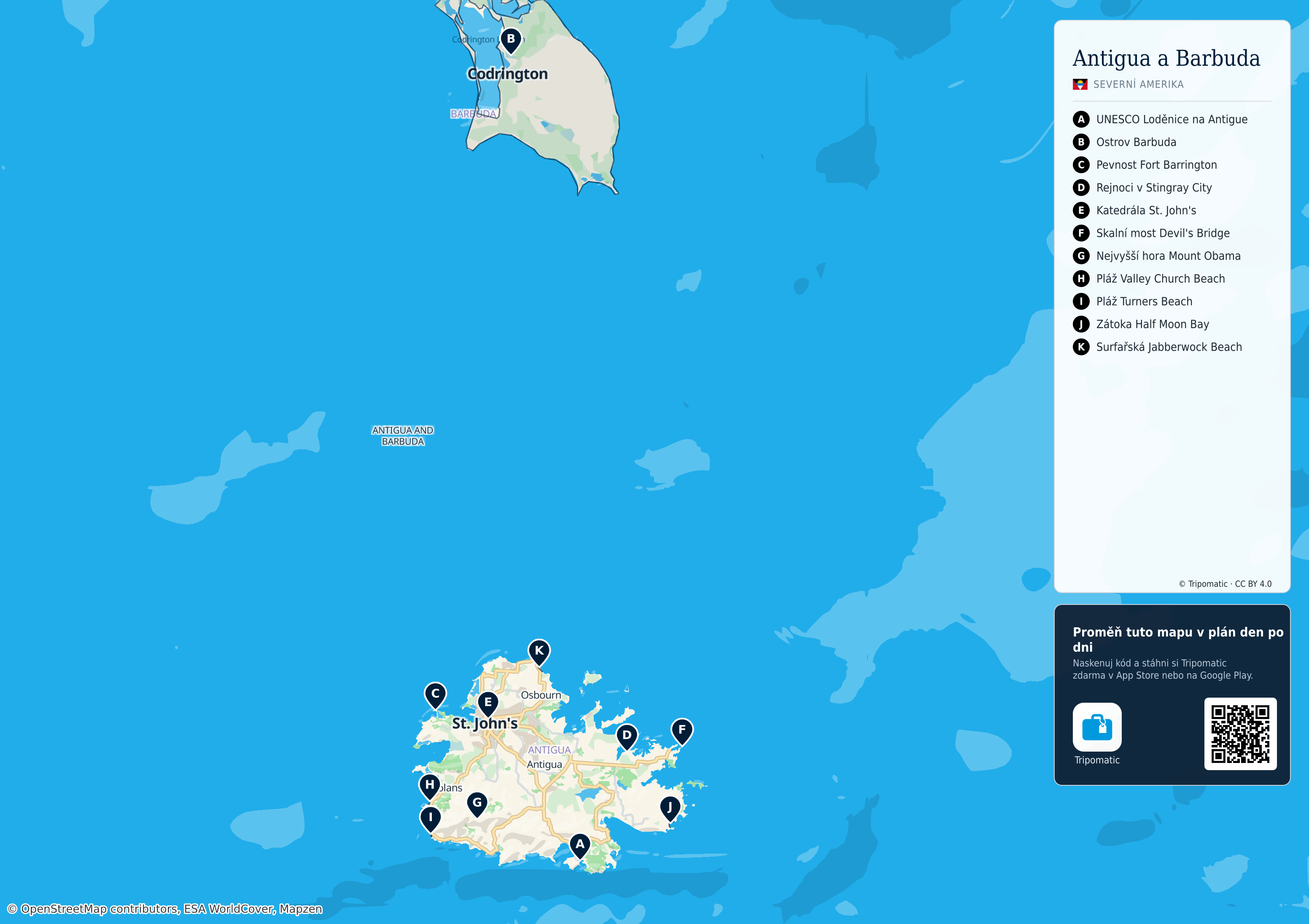 Antigua a Barbuda – turistická mapa k vytisknutí s očíslovanými hlavními památkami