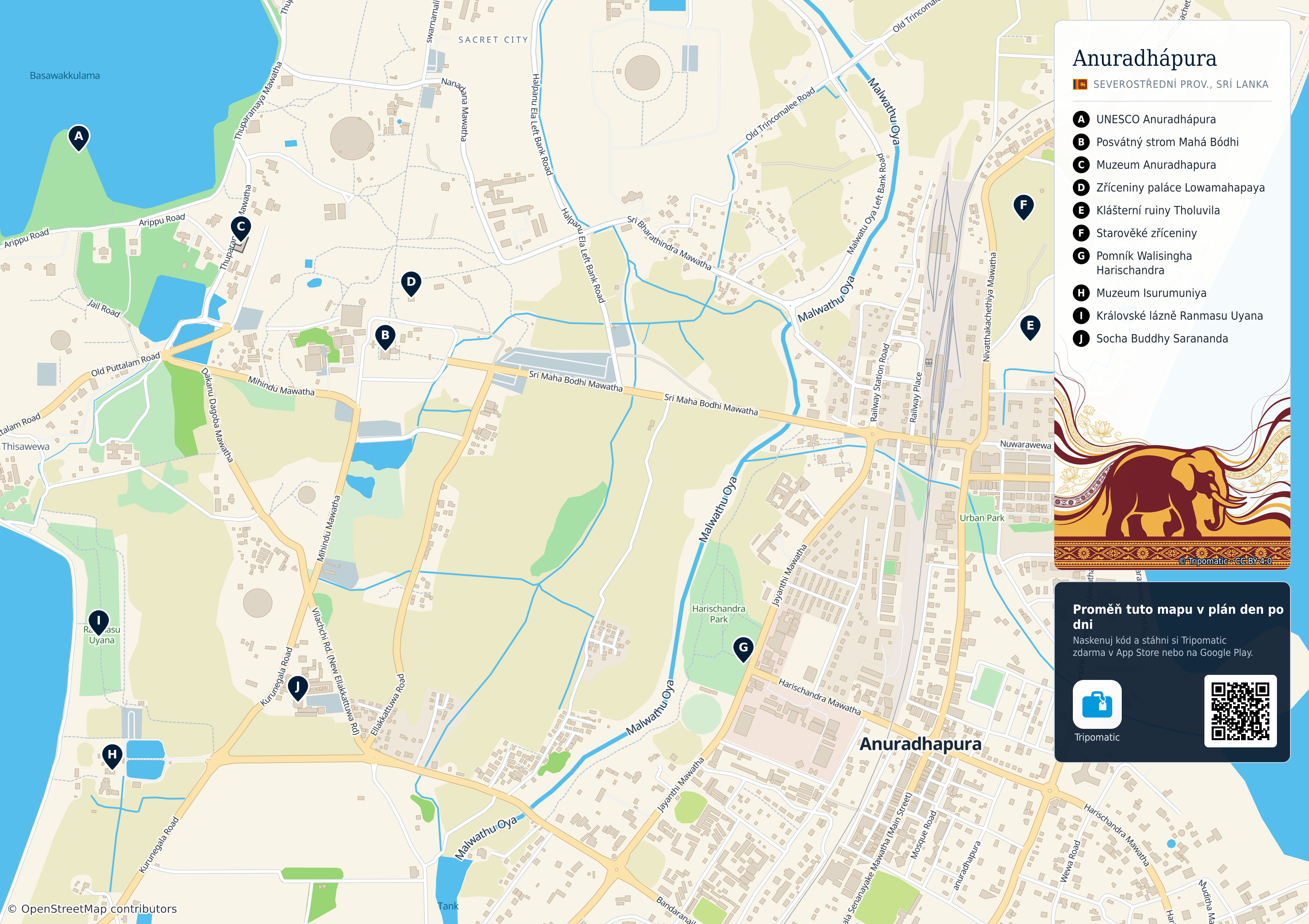Anuradhapura – turistická mapa k vytisknutí s očíslovanými hlavními památkami