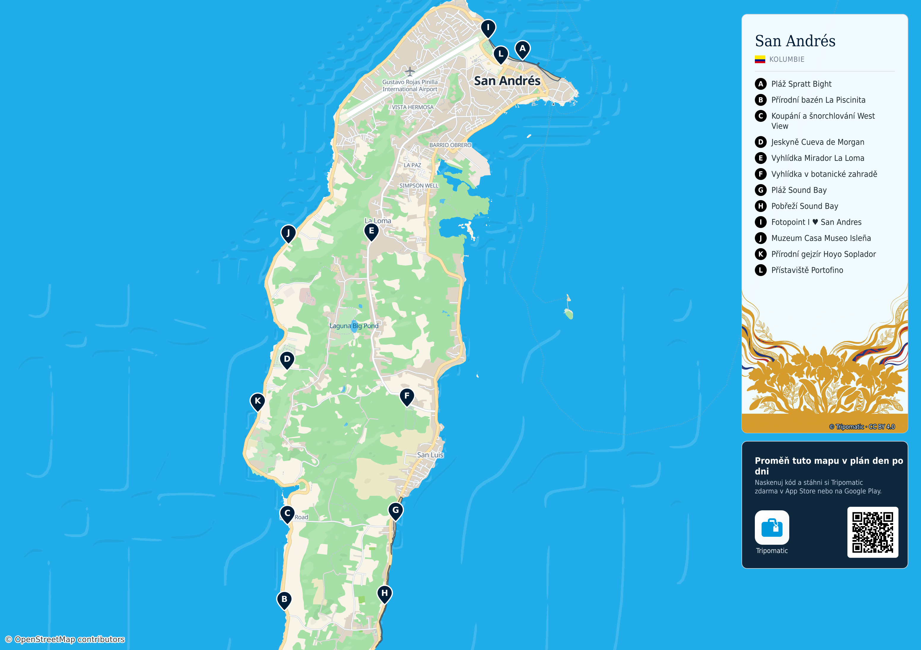 San Andrés a Providencia – turistická mapa k vytisknutí s očíslovanými hlavními památkami