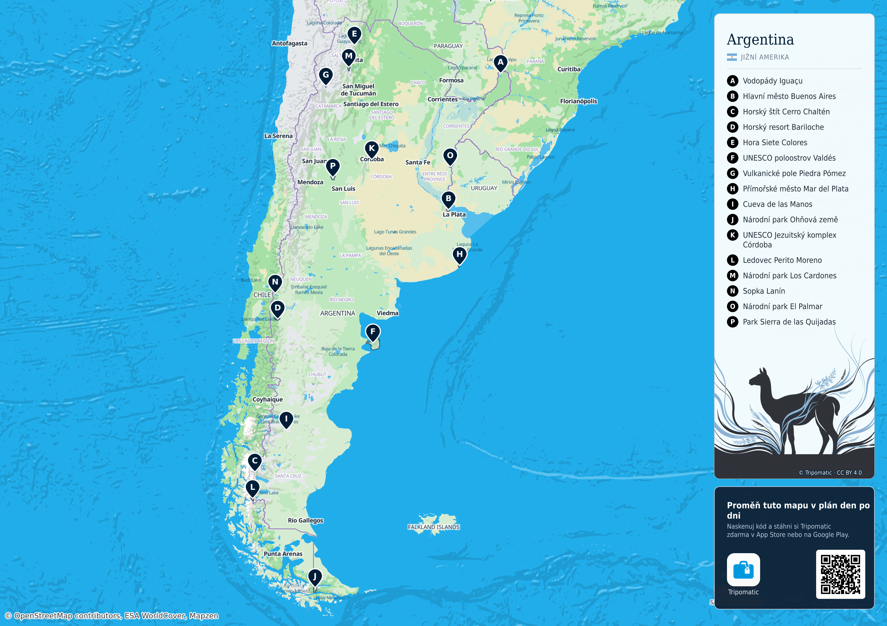 Argentina – turistická mapa k vytisknutí s očíslovanými hlavními památkami