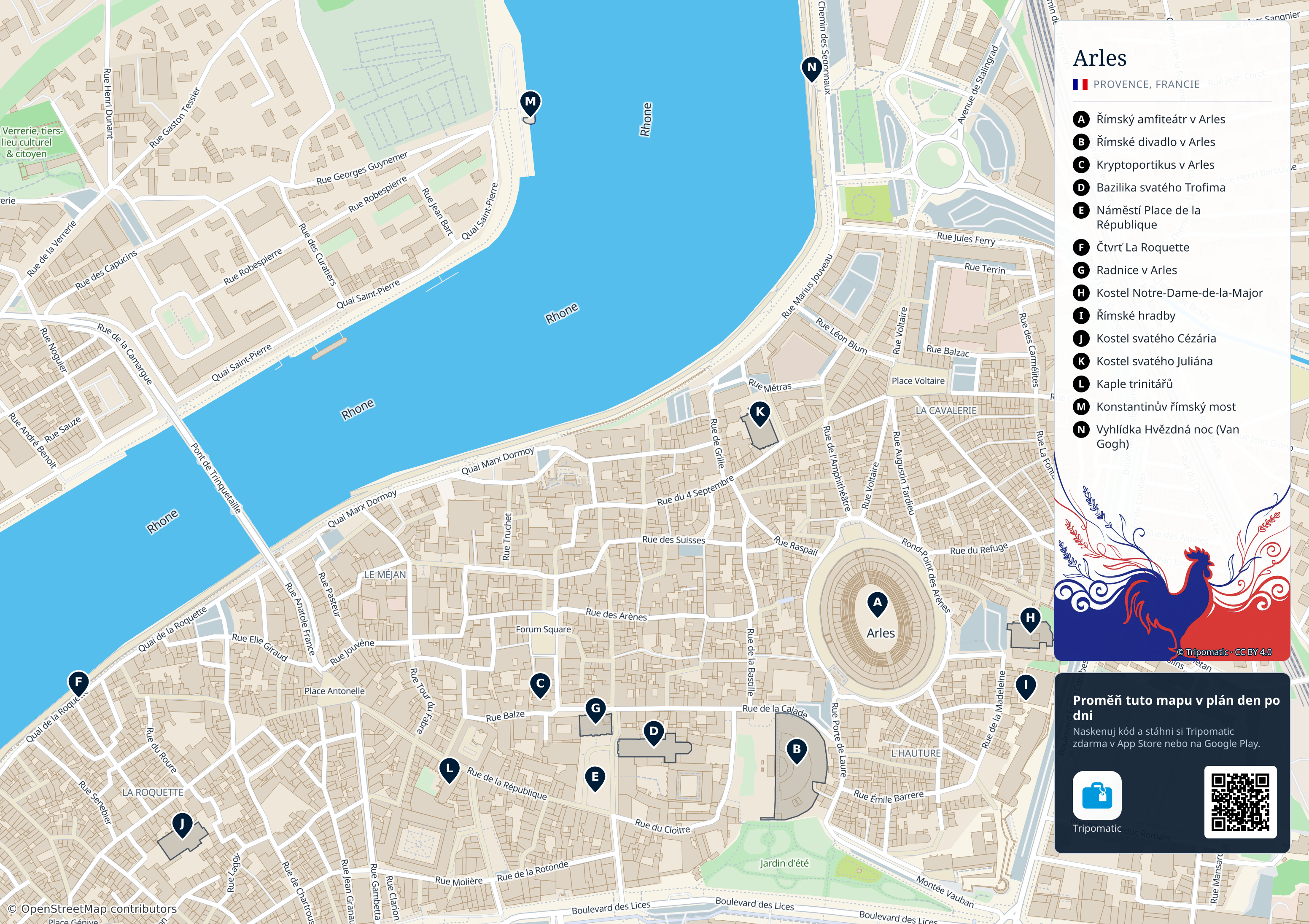 Arles – turistická mapa k vytisknutí s očíslovanými hlavními památkami