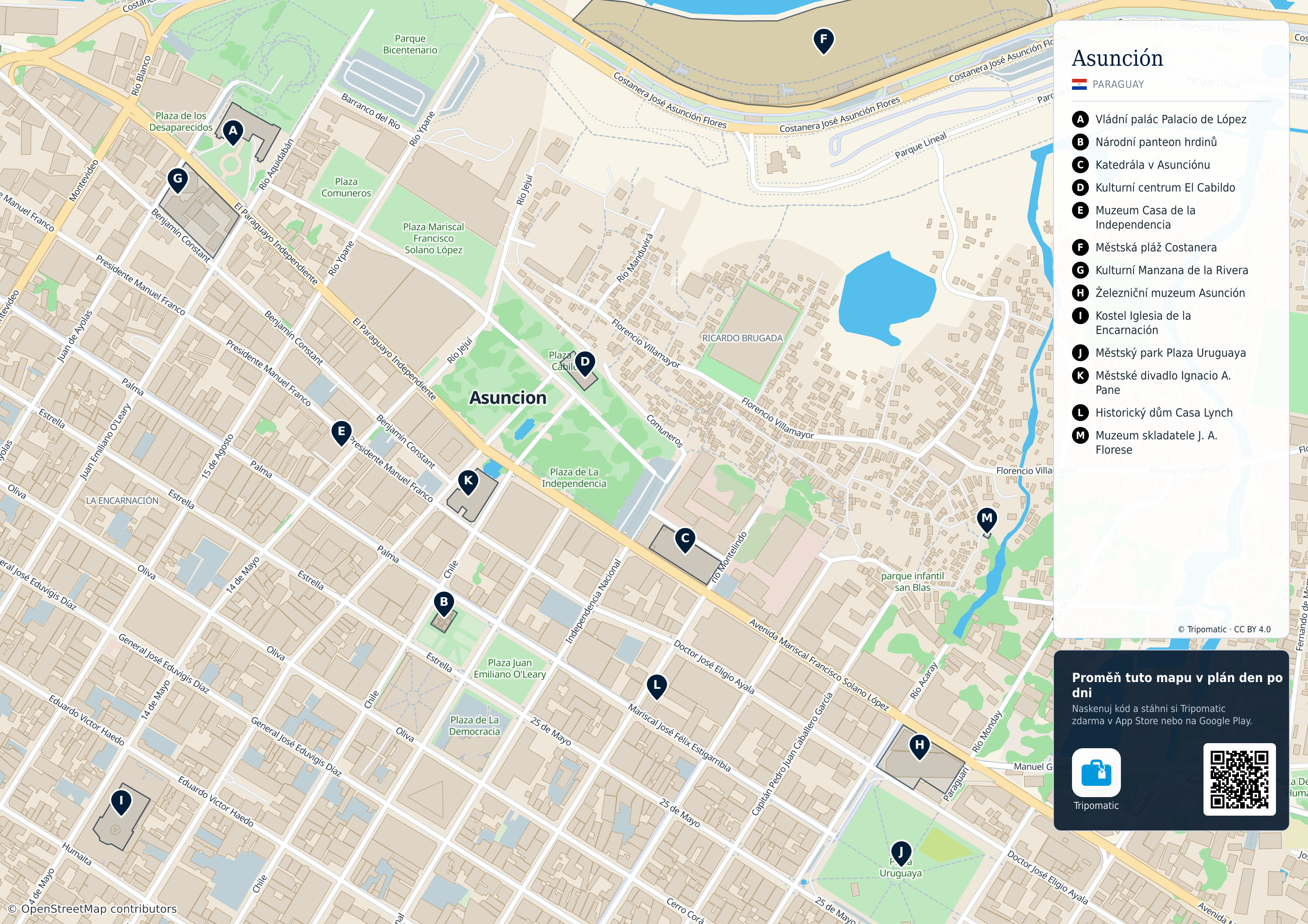 Asunción – turistická mapa k vytisknutí s očíslovanými hlavními památkami