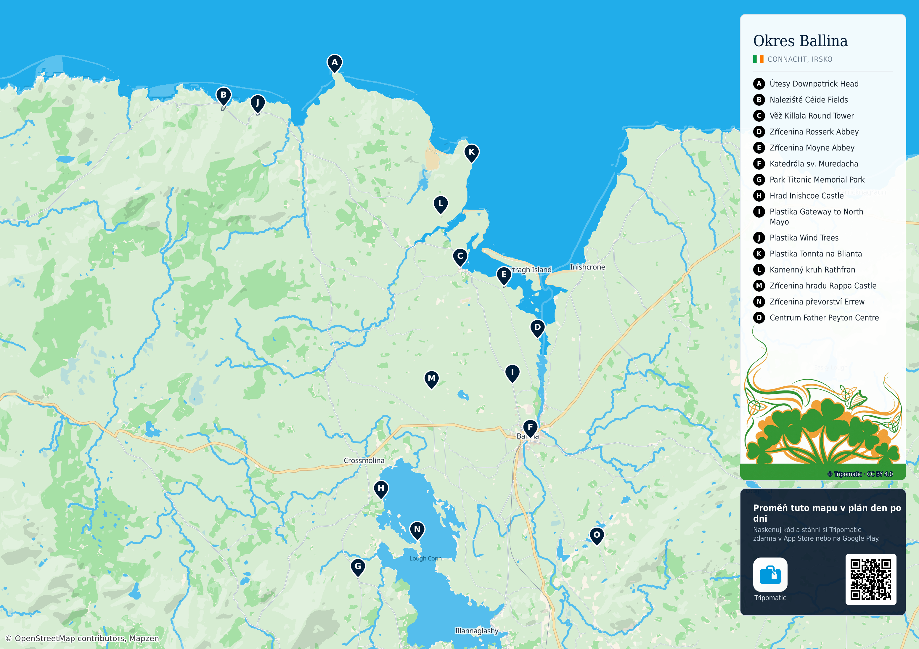 Ballina Municipal District – turistická mapa k vytisknutí s očíslovanými hlavními památkami