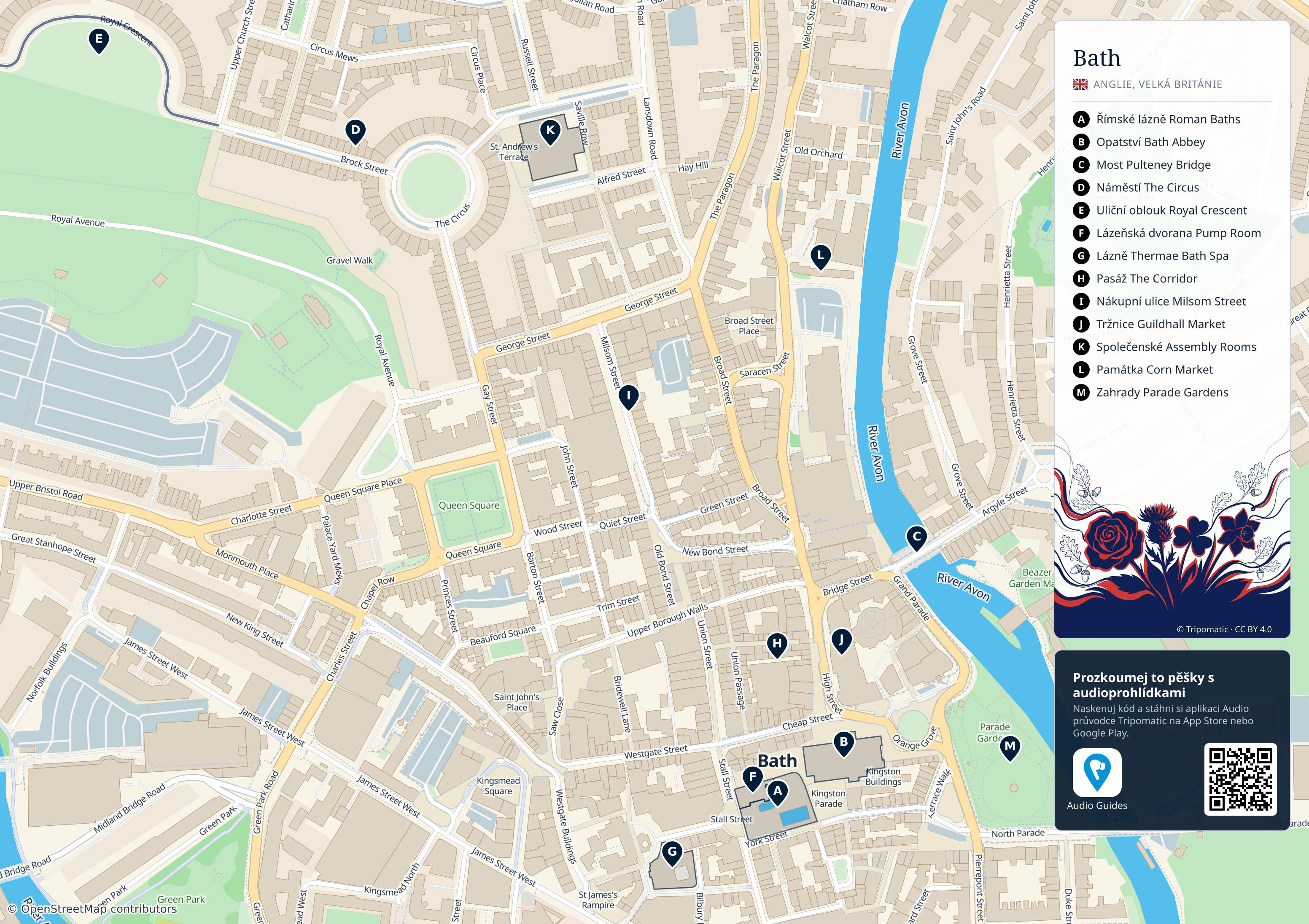 Bath – turistická mapa k vytisknutí s očíslovanými hlavními památkami