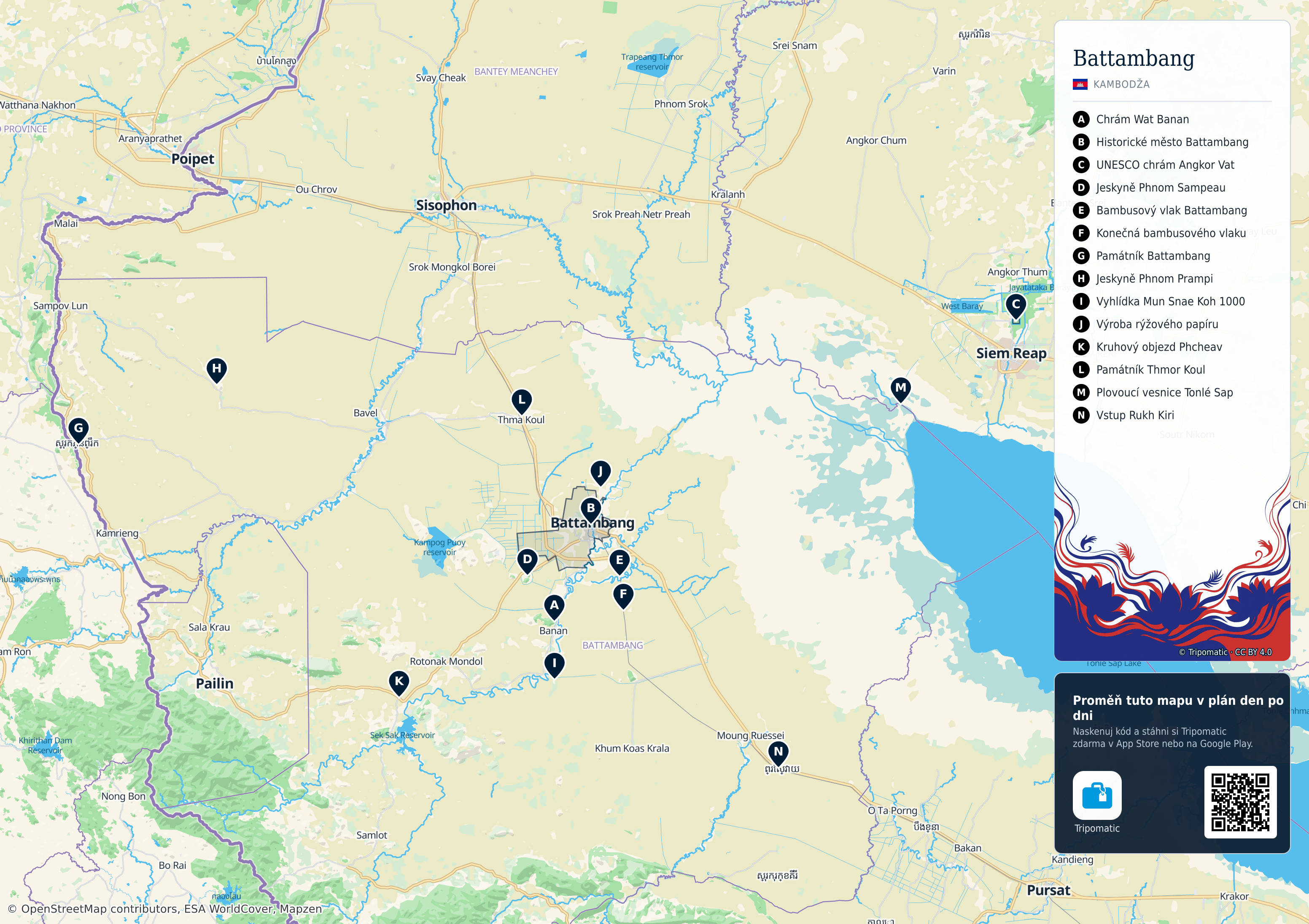 Provincie Battambang – turistická mapa k vytisknutí s očíslovanými hlavními památkami