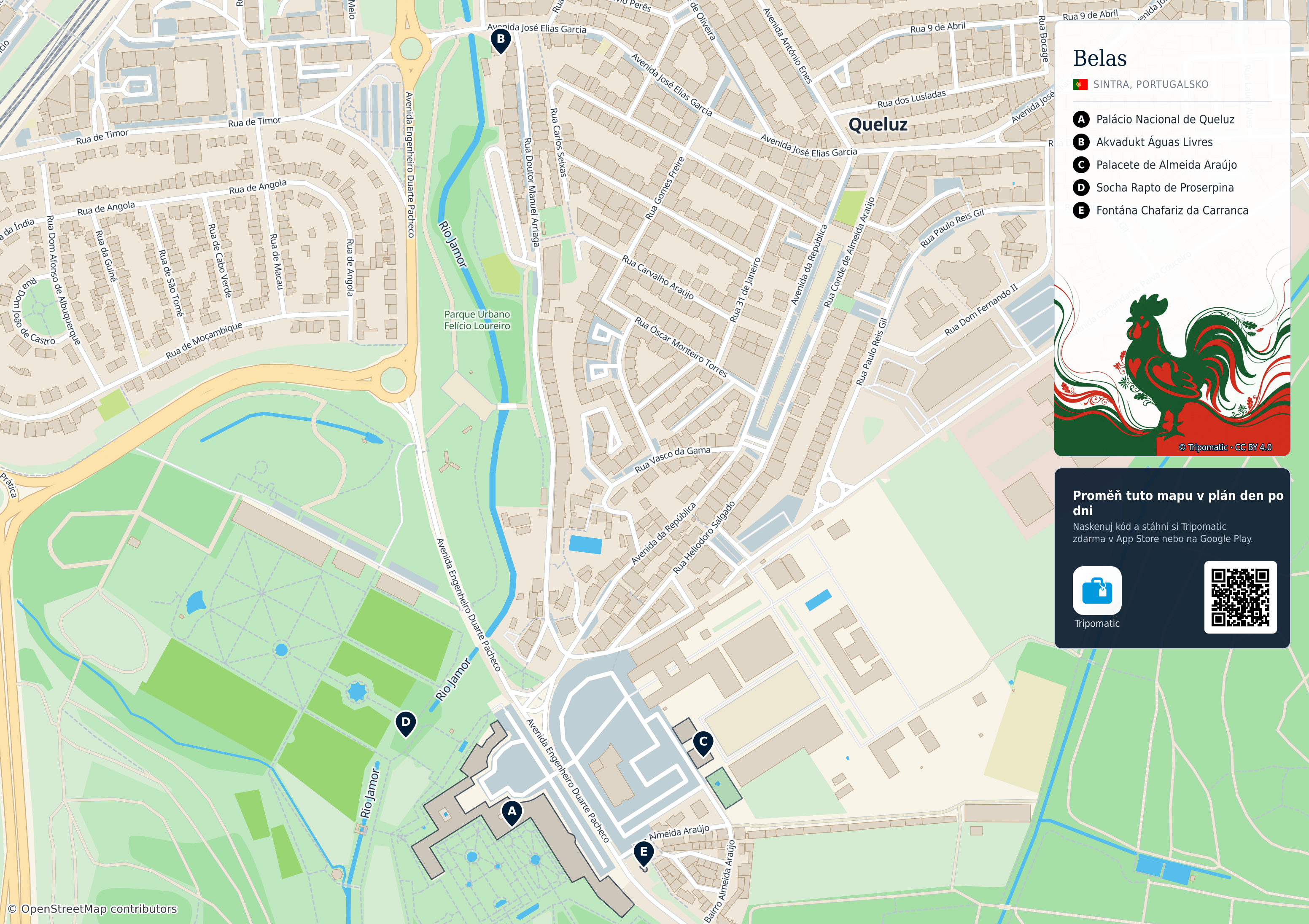 Belas – turistická mapa k vytisknutí s očíslovanými hlavními památkami