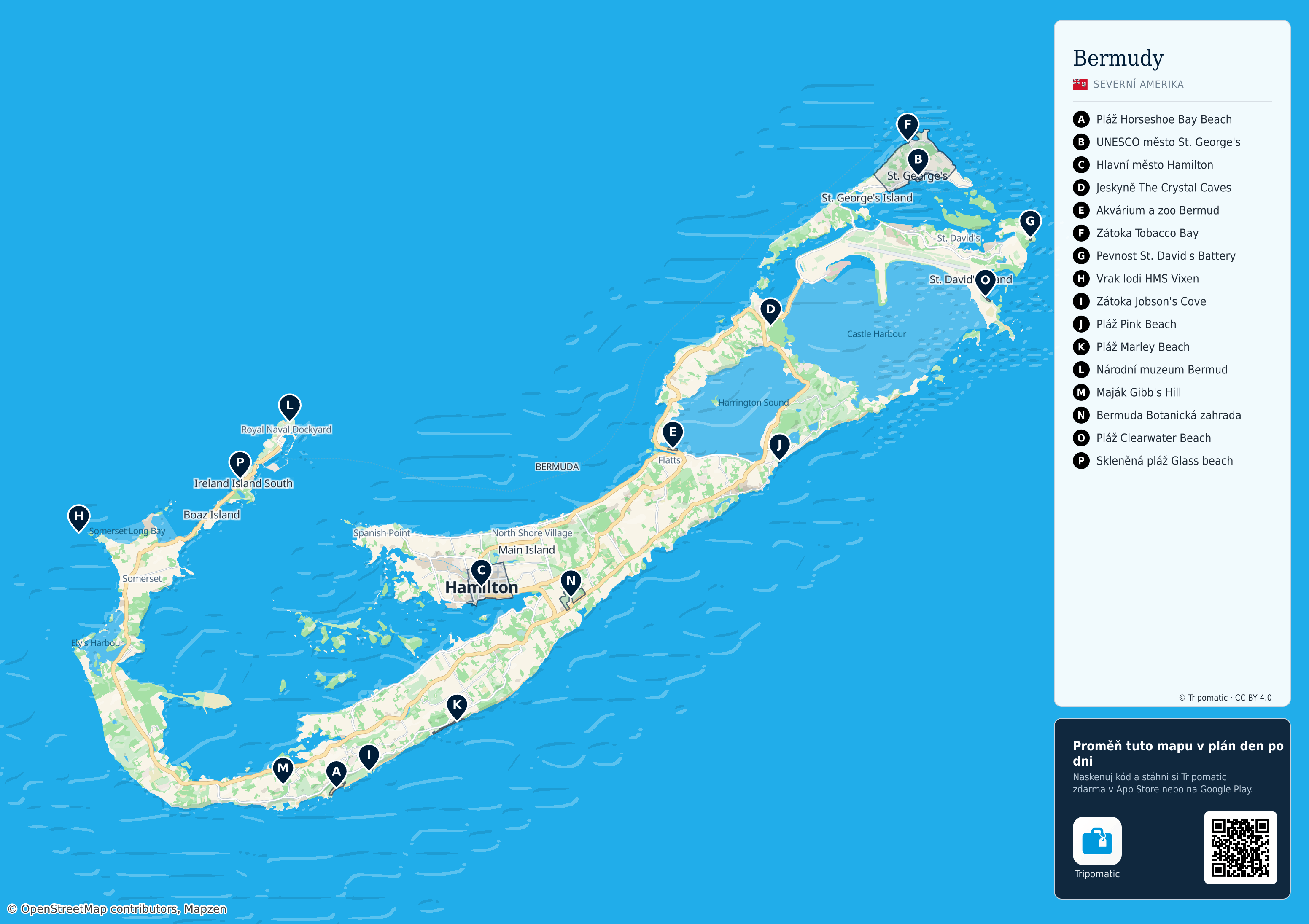 Bermudy – turistická mapa k vytisknutí s očíslovanými hlavními památkami
