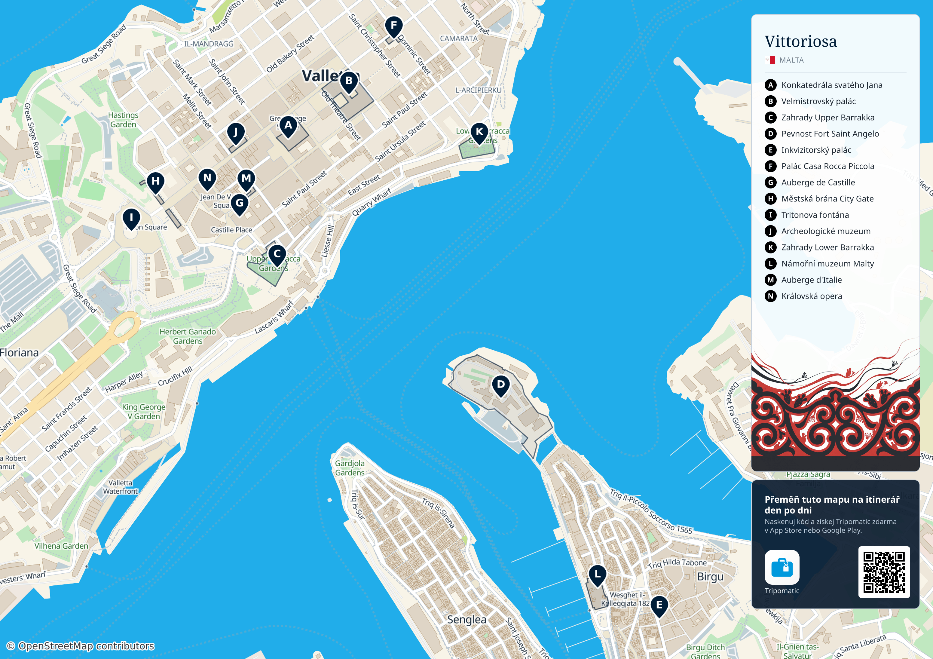 Vittoriosa – tisknutelná turistická mapa s očíslovanými hlavními památkami