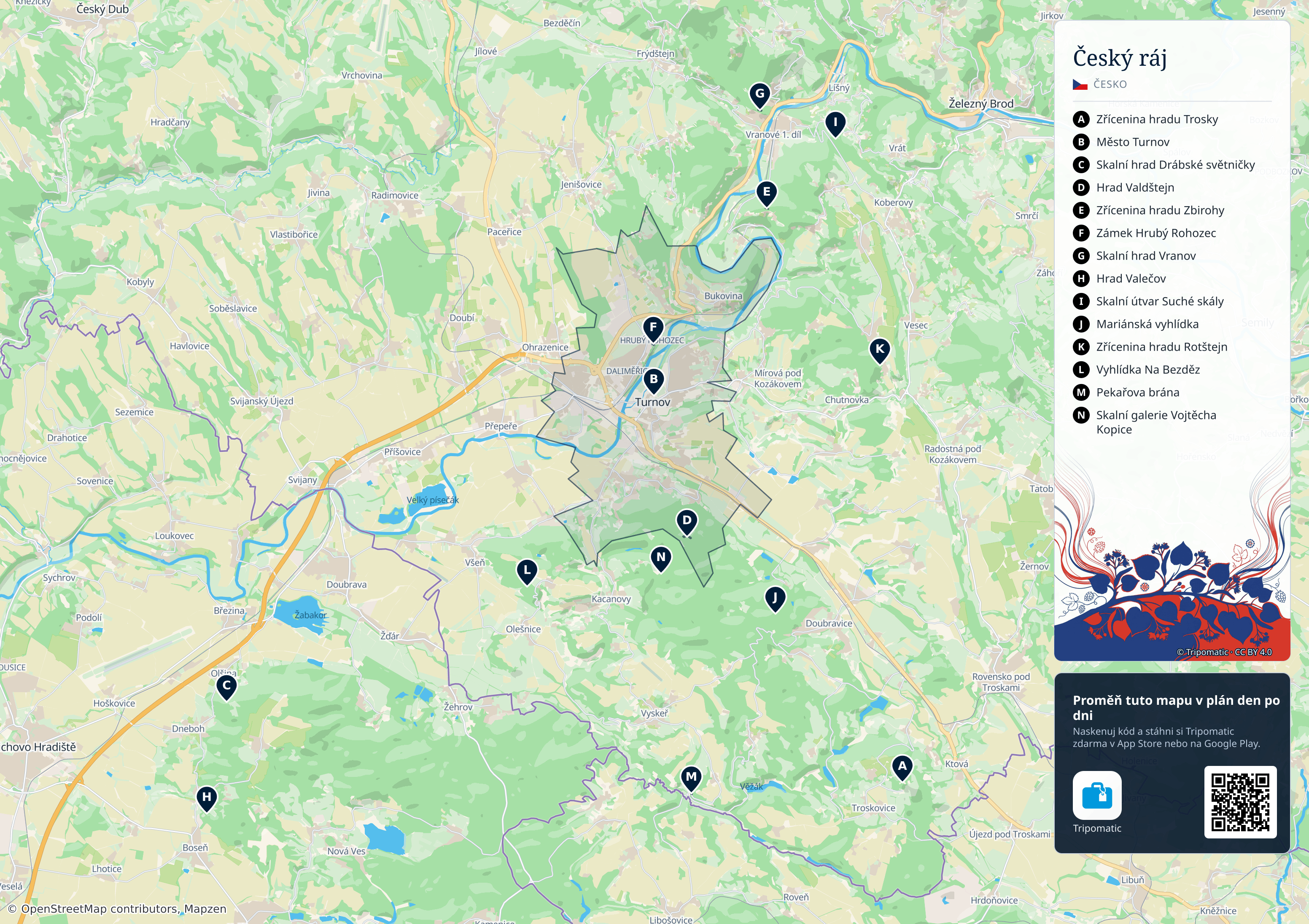 Český ráj – turistická mapa k vytisknutí s očíslovanými hlavními památkami