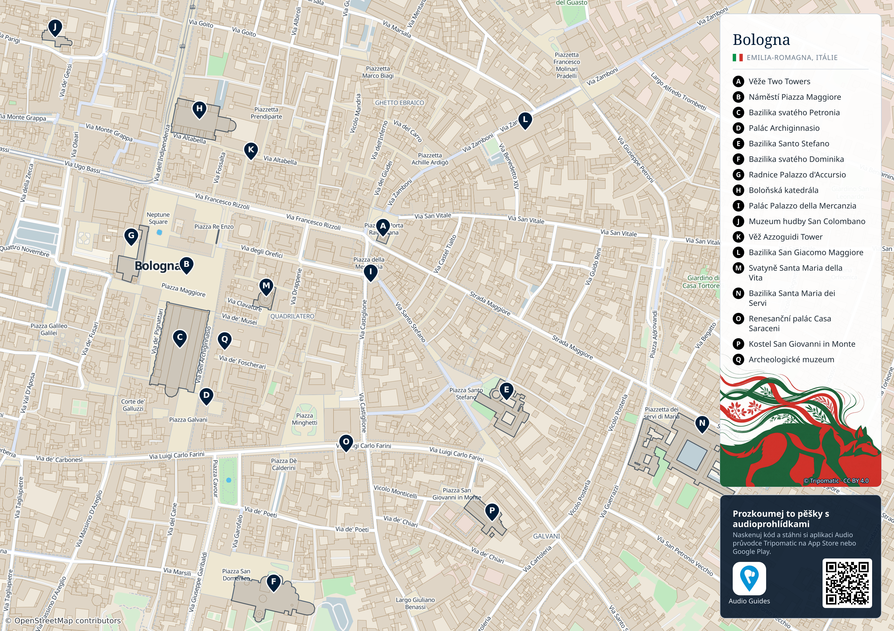 Bologna – turistická mapa k vytisknutí s očíslovanými hlavními památkami