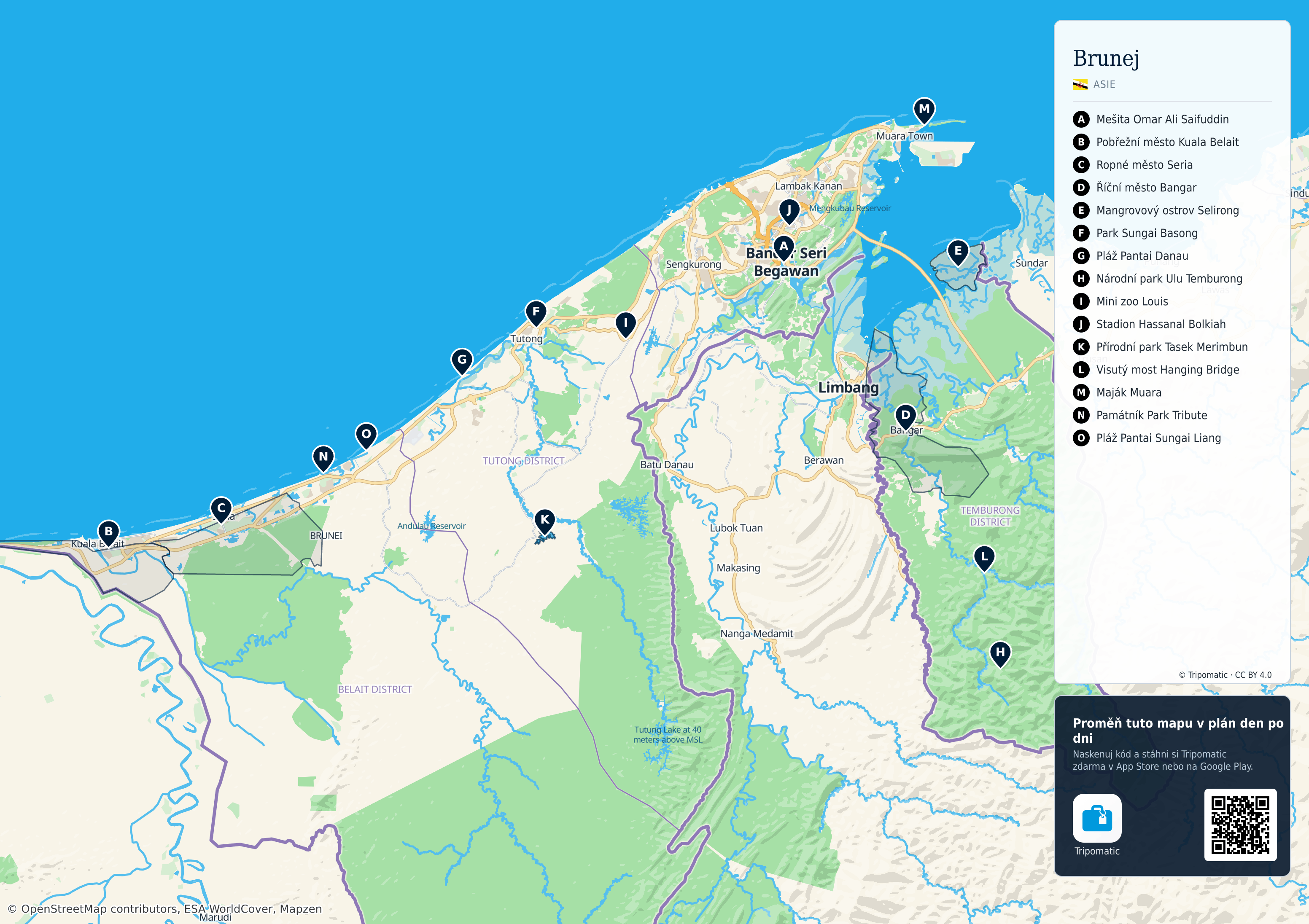 Brunej – turistická mapa k vytisknutí s očíslovanými hlavními památkami