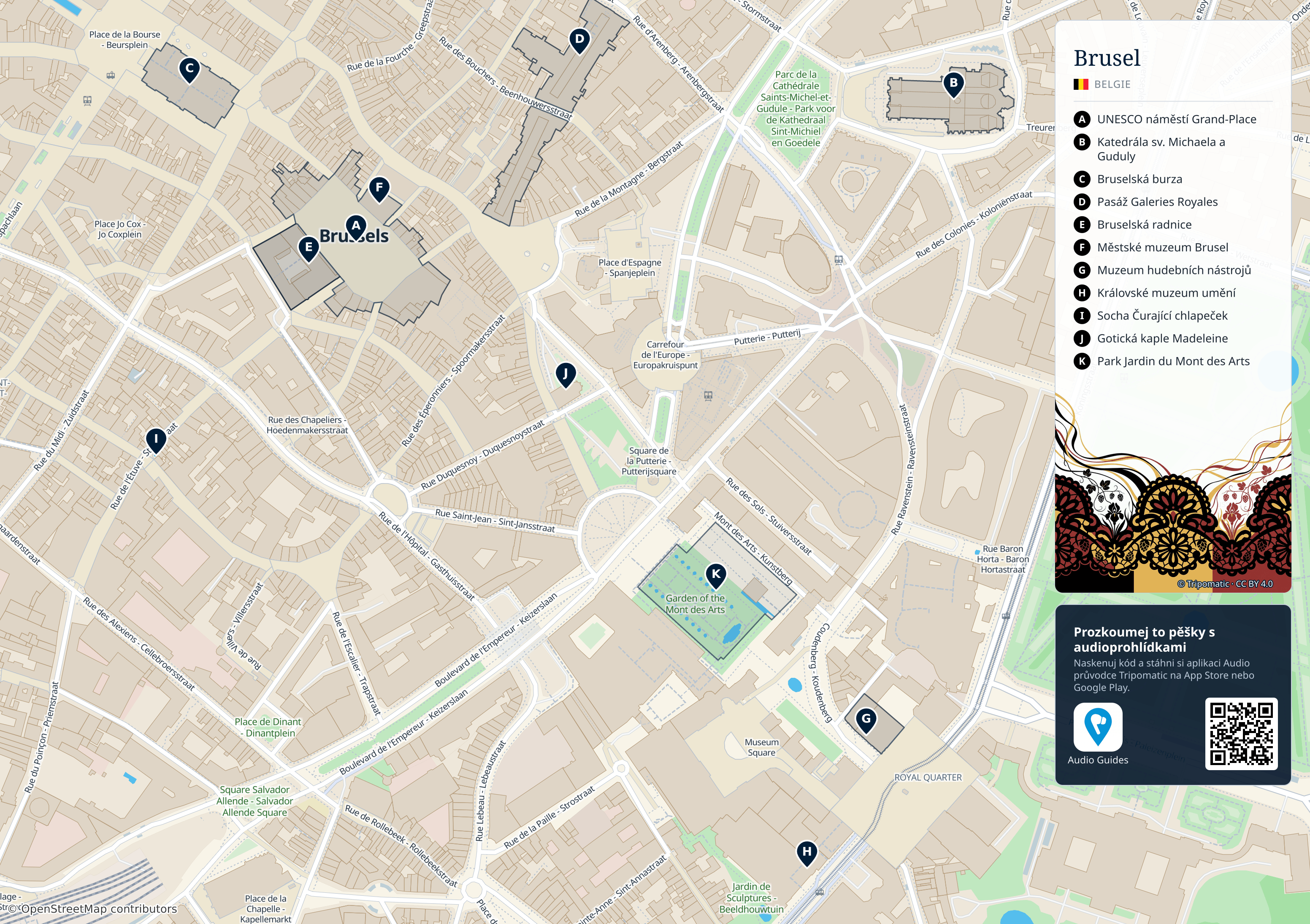 Brusel – turistická mapa k vytisknutí s očíslovanými hlavními památkami