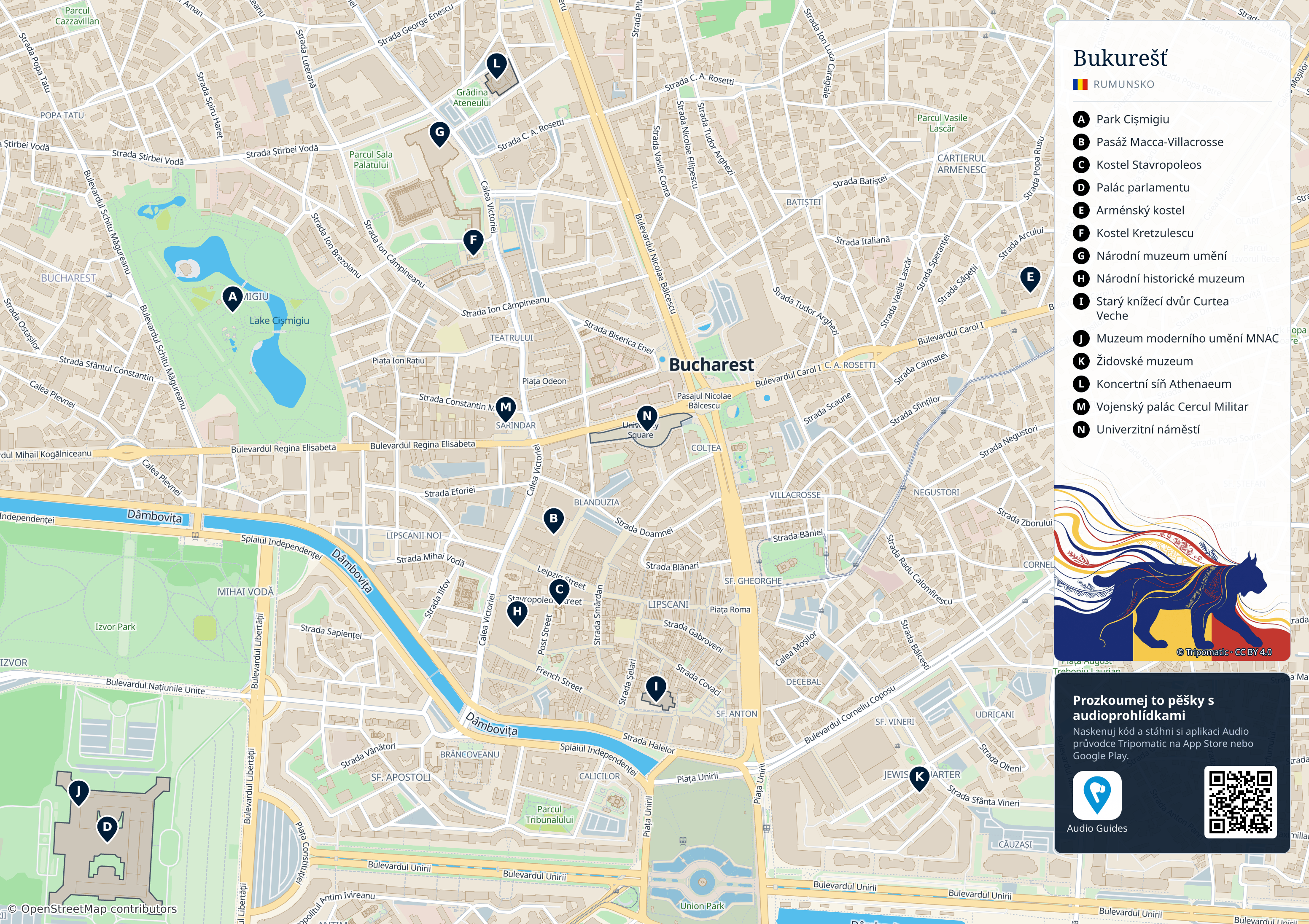 Bukurešť – turistická mapa k vytisknutí s očíslovanými hlavními památkami