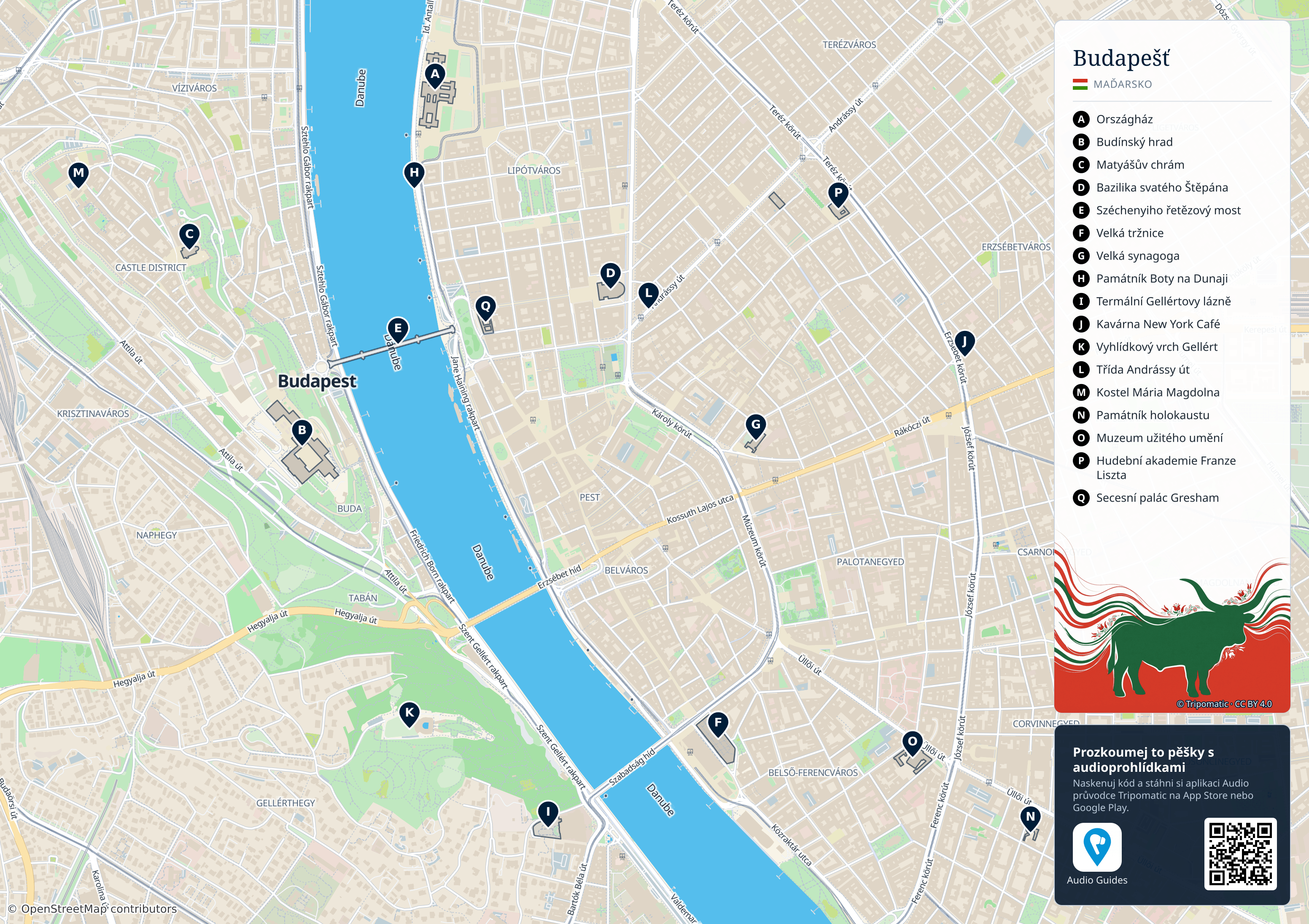Budapešť – turistická mapa k vytisknutí s očíslovanými hlavními památkami