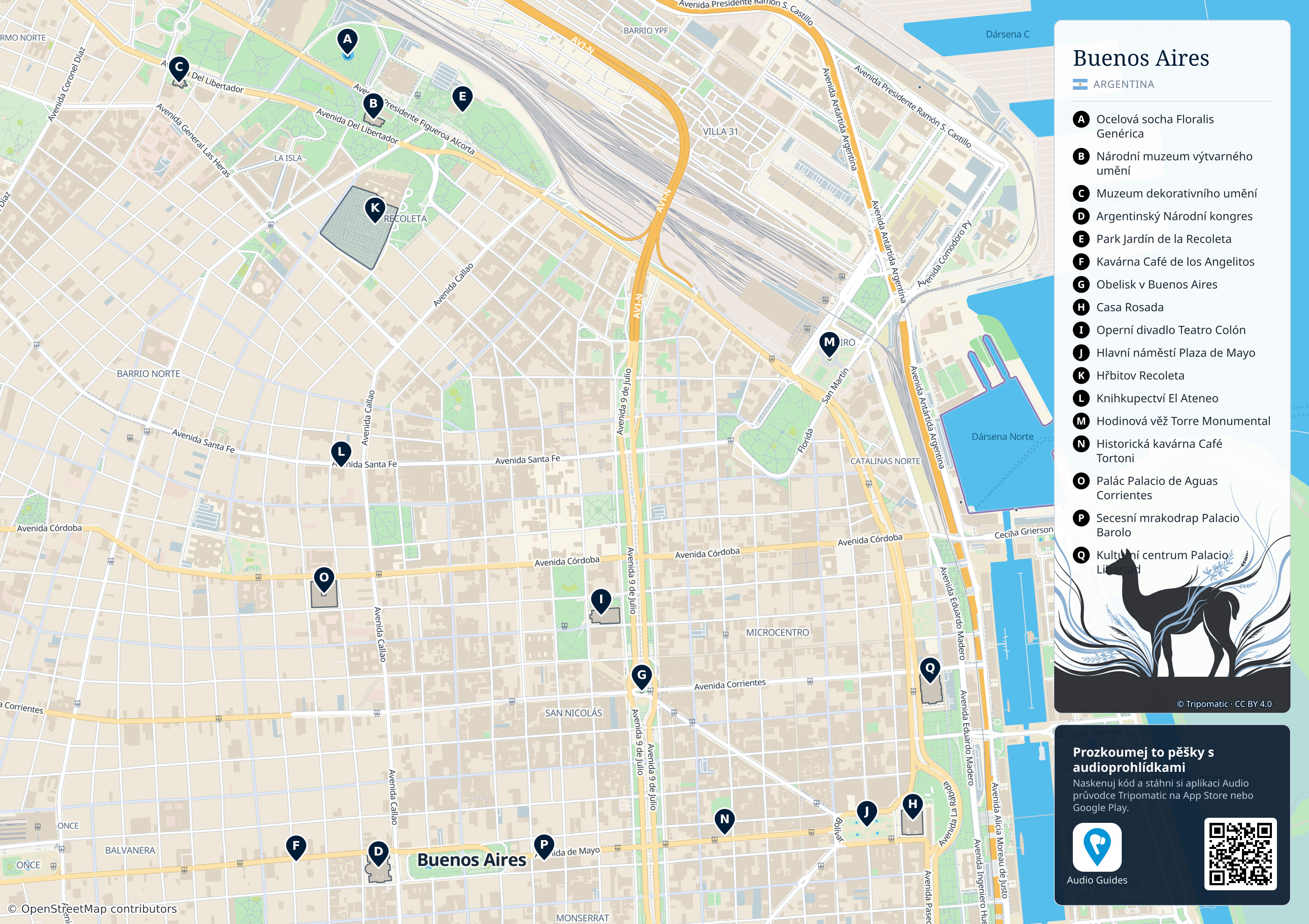 Buenos Aires – turistická mapa k vytisknutí s očíslovanými hlavními památkami
