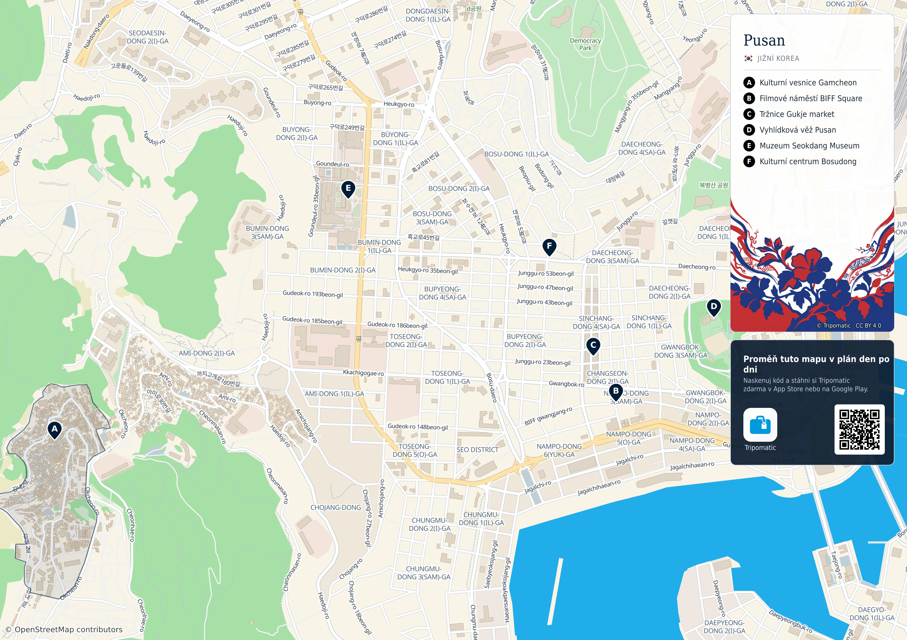 Pusan – turistická mapa k vytisknutí s očíslovanými hlavními památkami