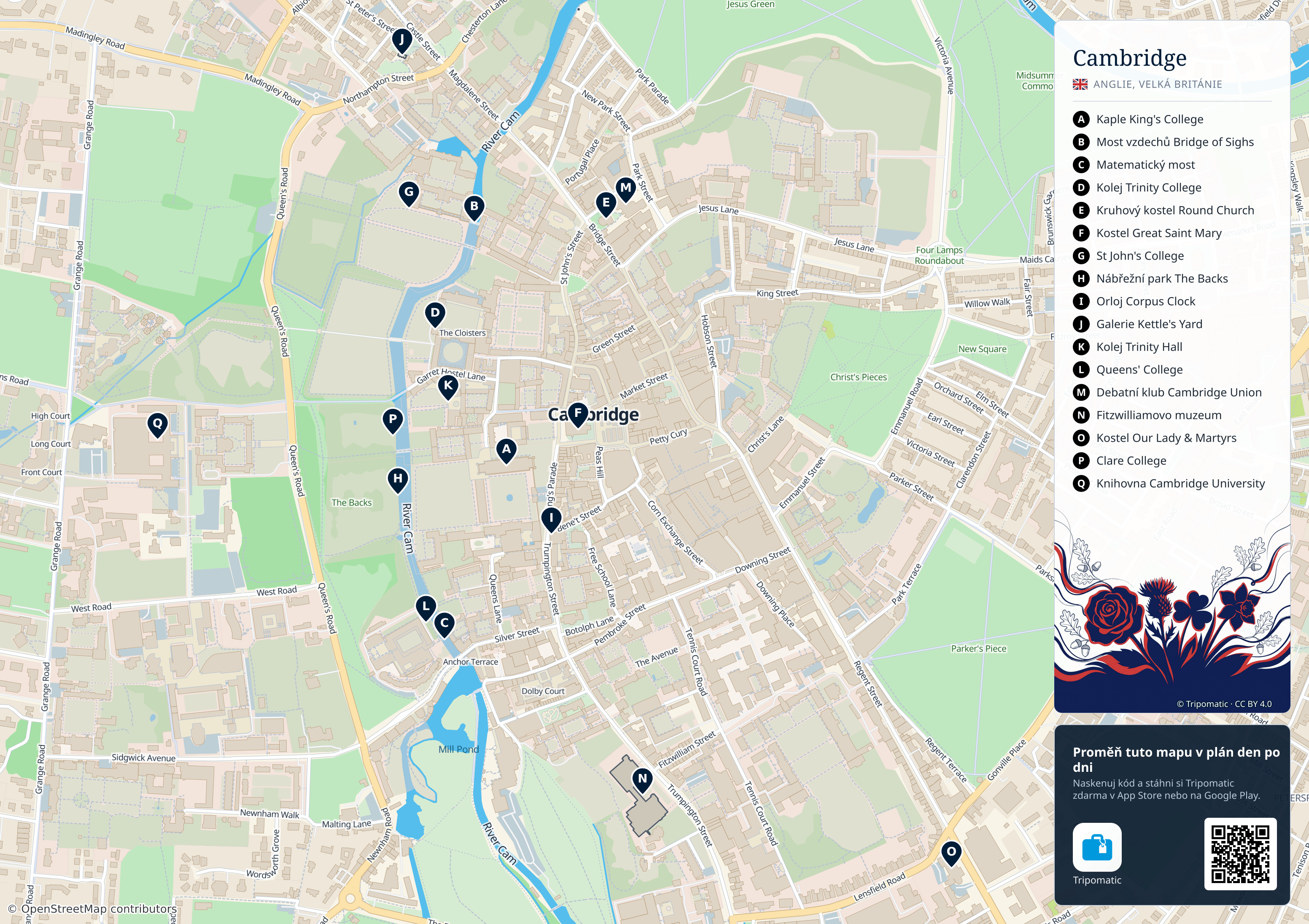 Cambridge – turistická mapa k vytisknutí s očíslovanými hlavními památkami