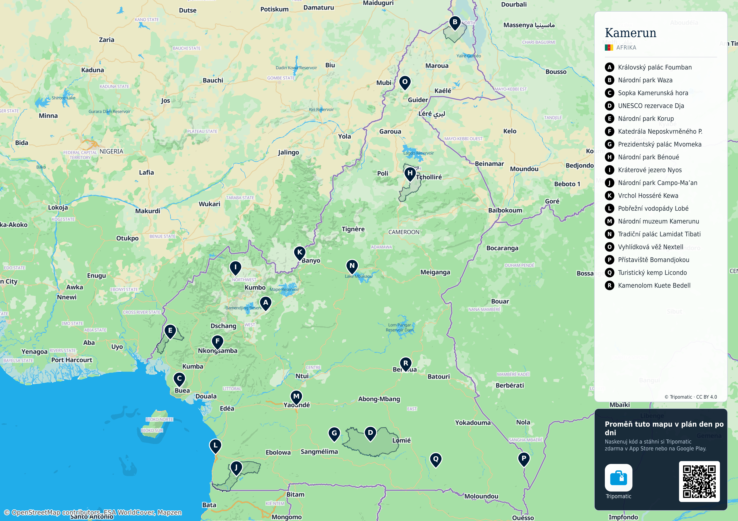Kamerun – turistická mapa k vytisknutí s očíslovanými hlavními památkami