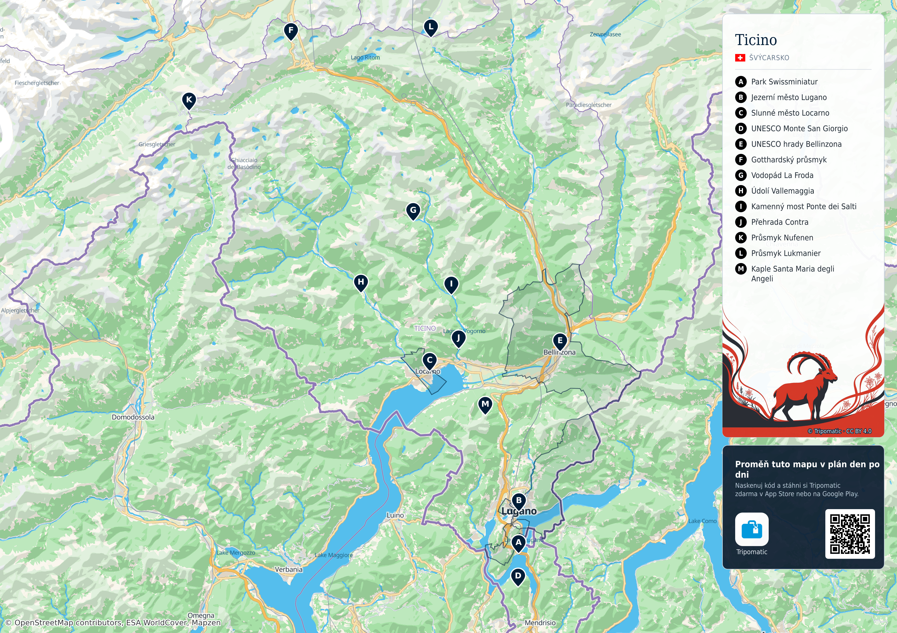 Ticino – turistická mapa k vytisknutí s očíslovanými hlavními památkami