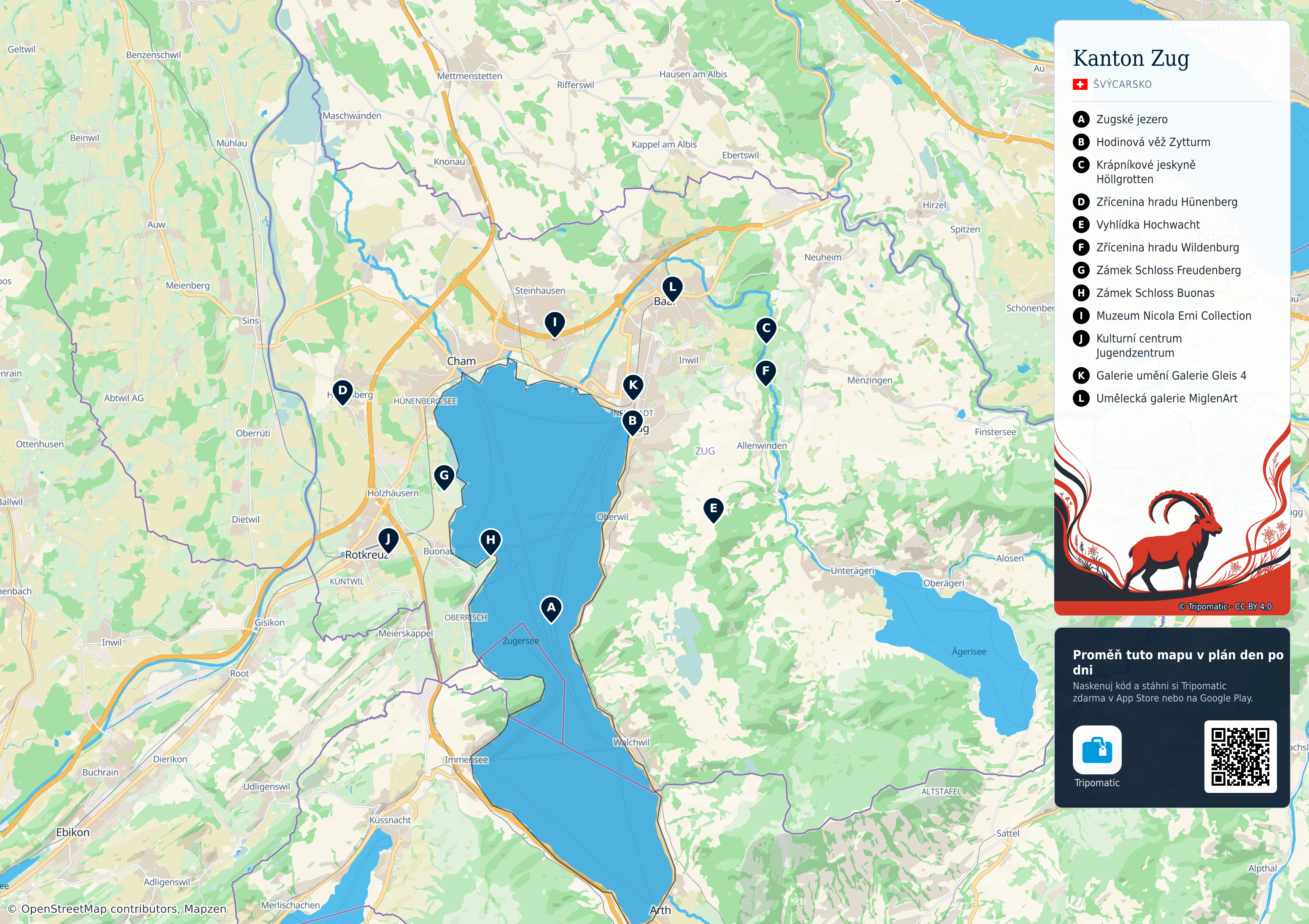 Kanton Zug – turistická mapa k vytisknutí s očíslovanými hlavními památkami