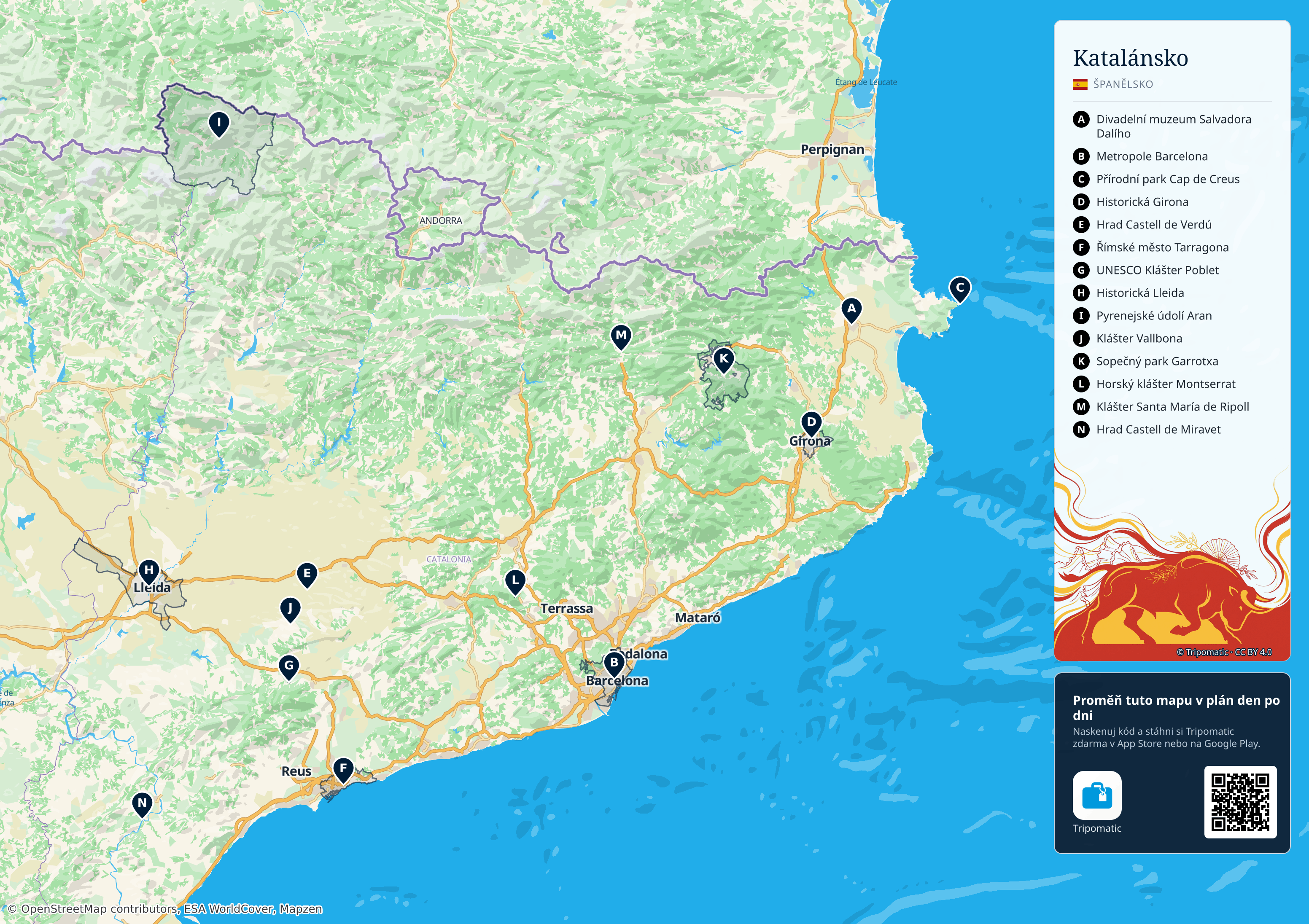 Katalánsko – turistická mapa k vytisknutí s očíslovanými hlavními památkami