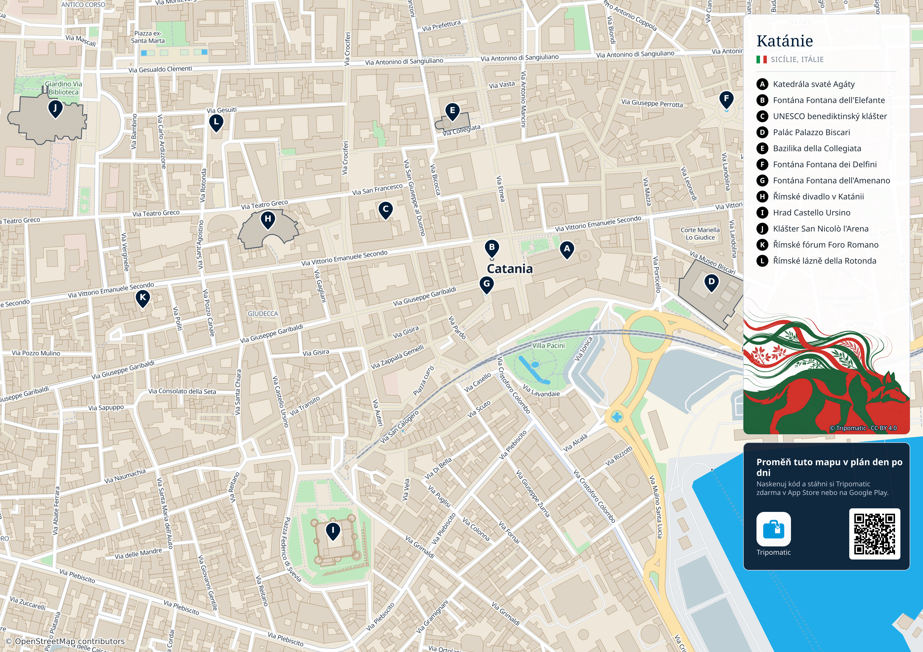 Katánie – turistická mapa k vytisknutí s očíslovanými hlavními památkami