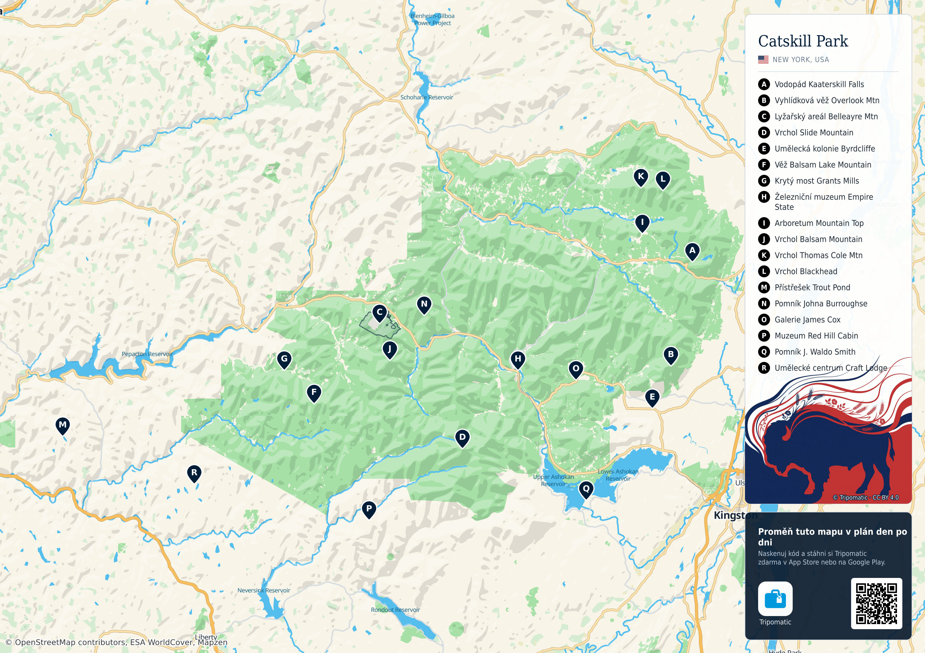 Catskill Park – turistická mapa k vytisknutí s očíslovanými hlavními památkami