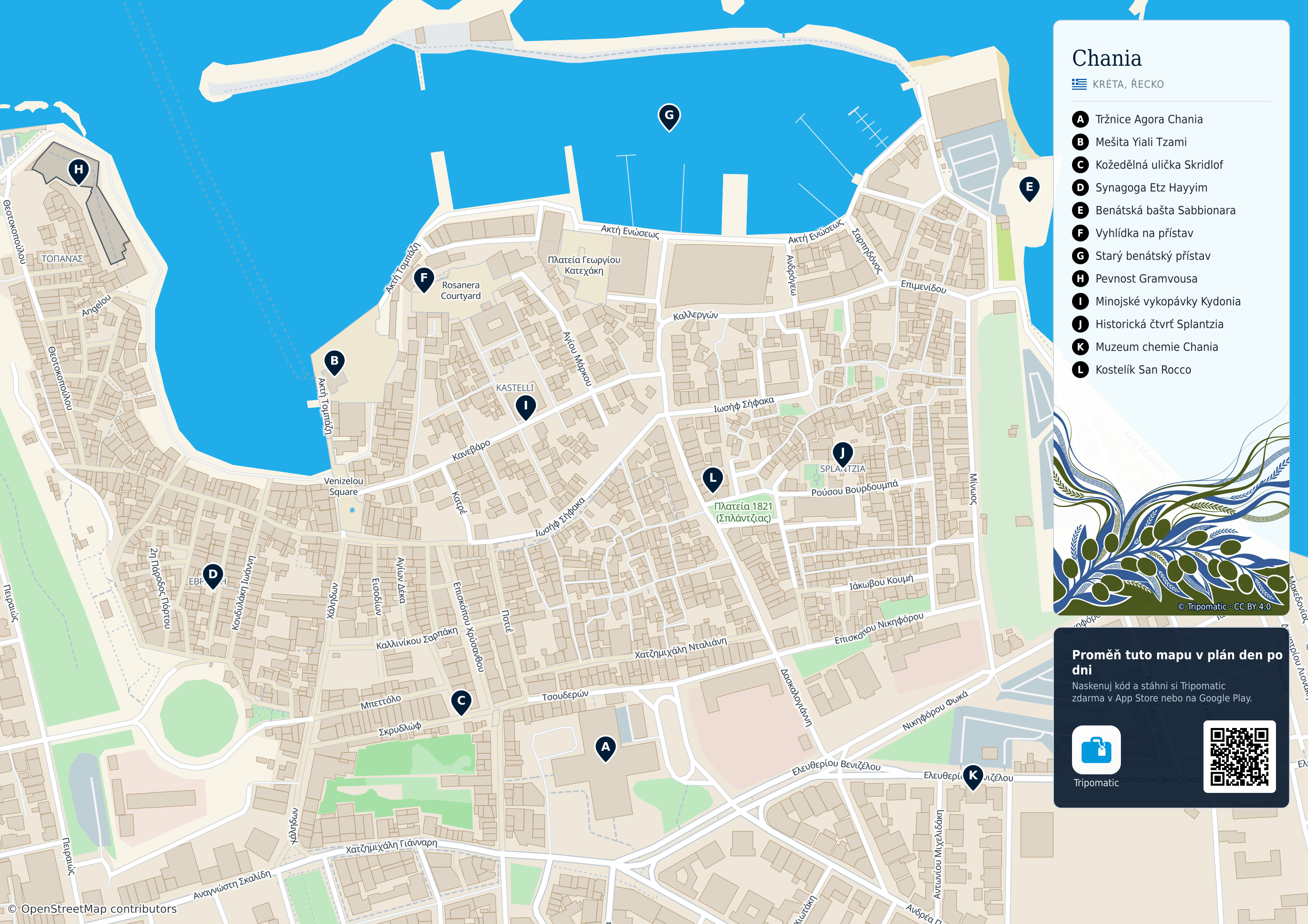 Chania – turistická mapa k vytisknutí s očíslovanými hlavními památkami