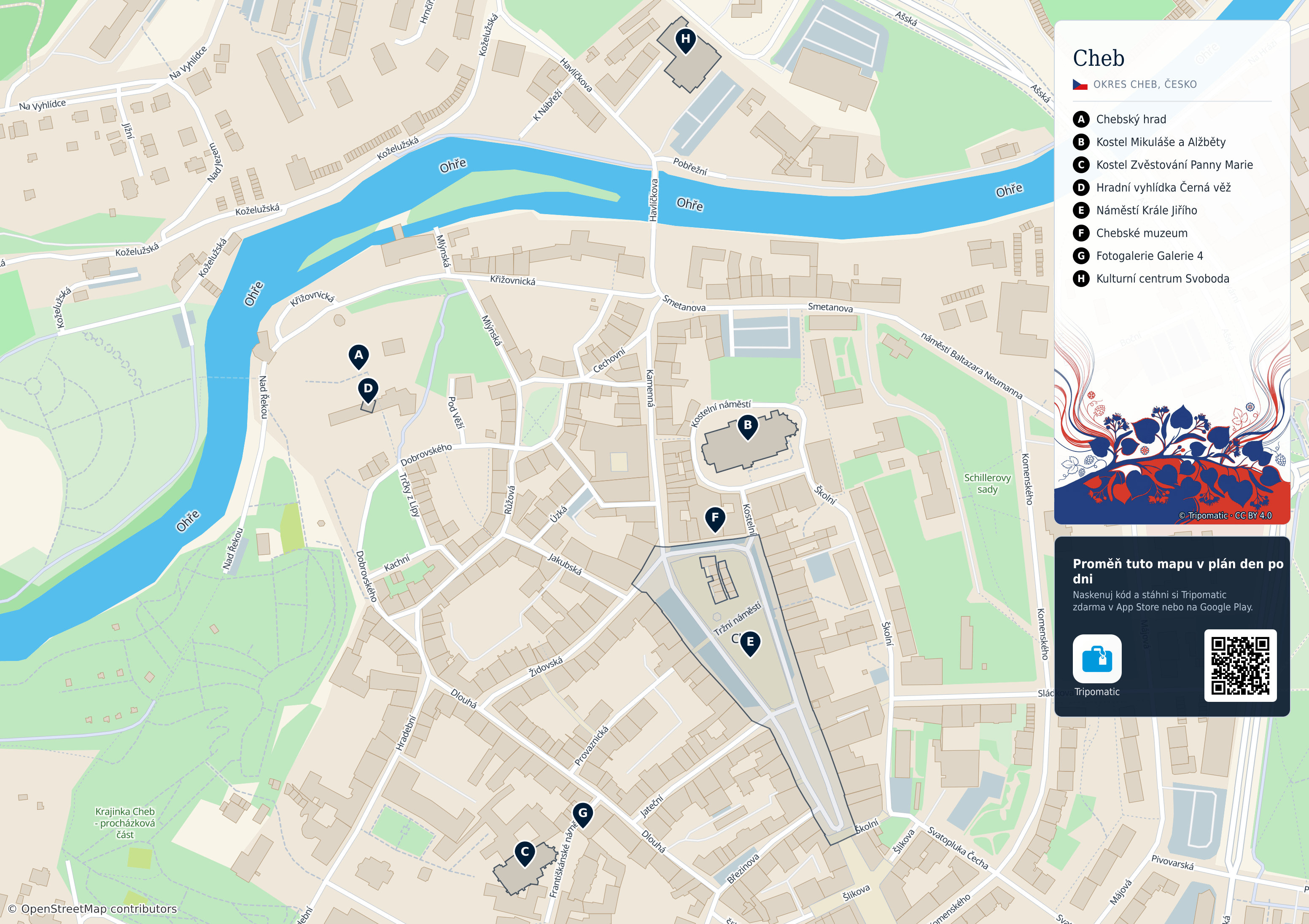 Cheb – turistická mapa k vytisknutí s očíslovanými hlavními památkami