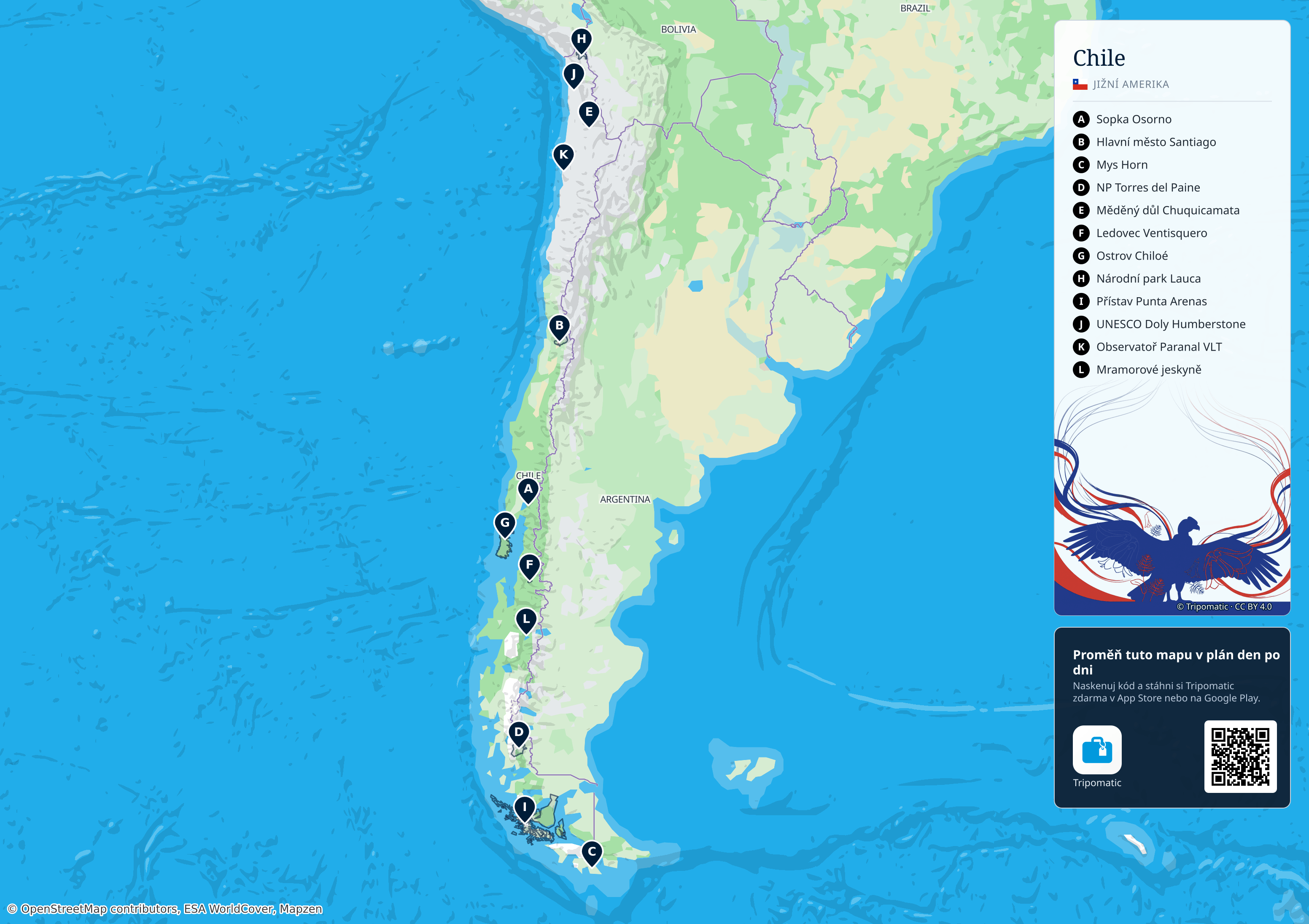 Chile – turistická mapa k vytisknutí s očíslovanými hlavními památkami