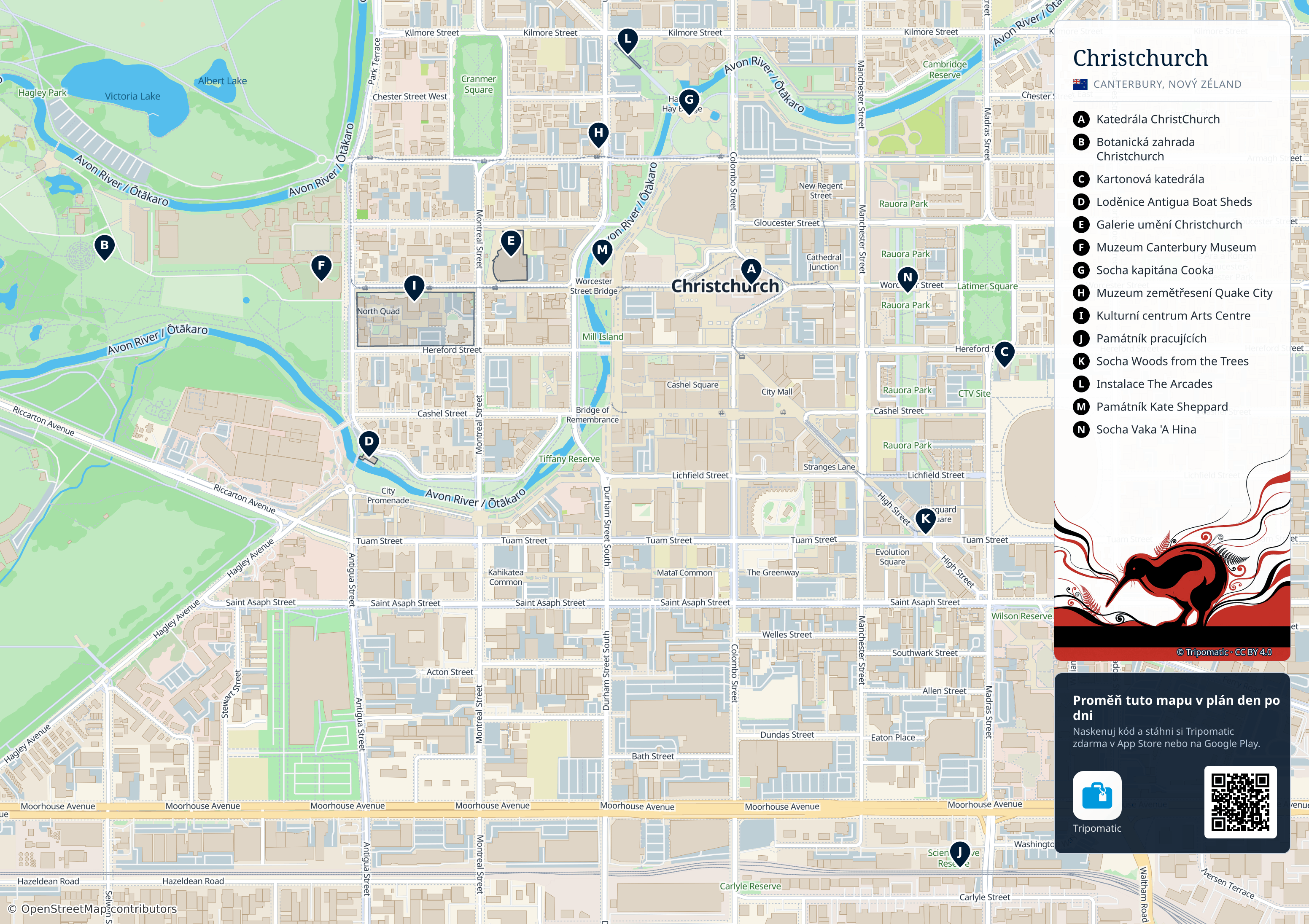 Christchurch – turistická mapa k vytisknutí s očíslovanými hlavními památkami