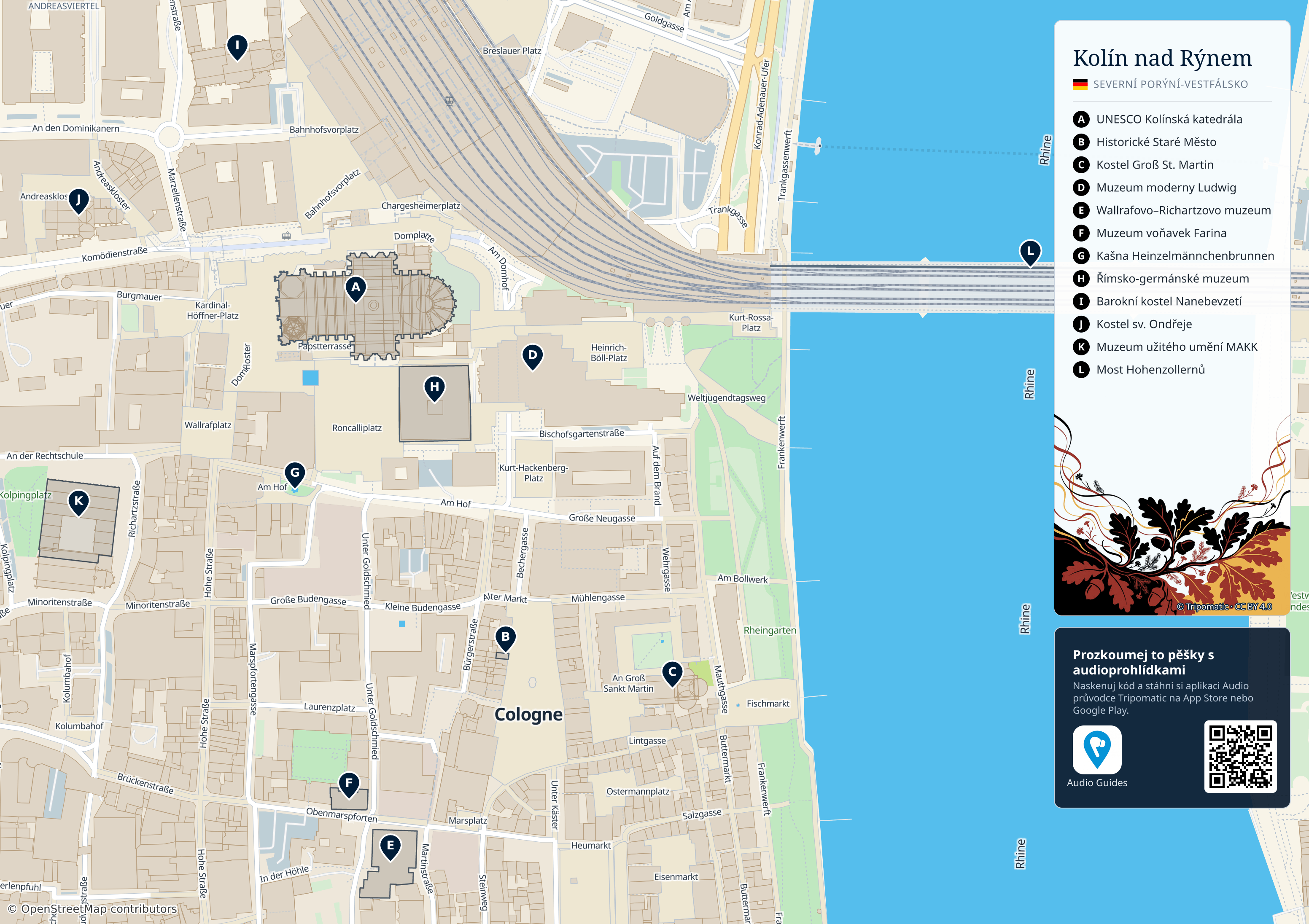 Kolín nad Rýnem – turistická mapa k vytisknutí s očíslovanými hlavními památkami
