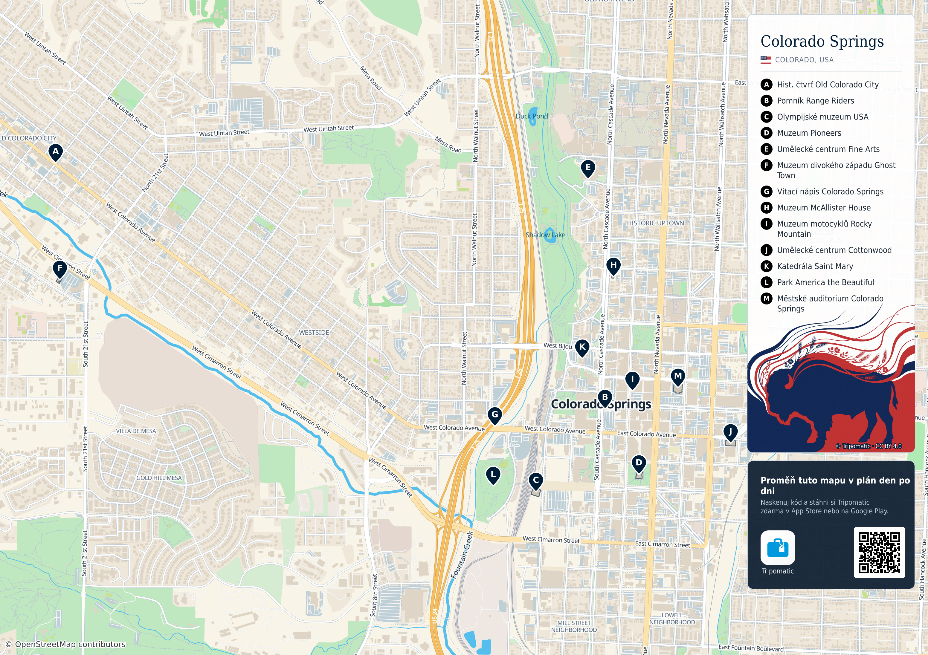 Colorado Springs – turistická mapa k vytisknutí s očíslovanými hlavními památkami