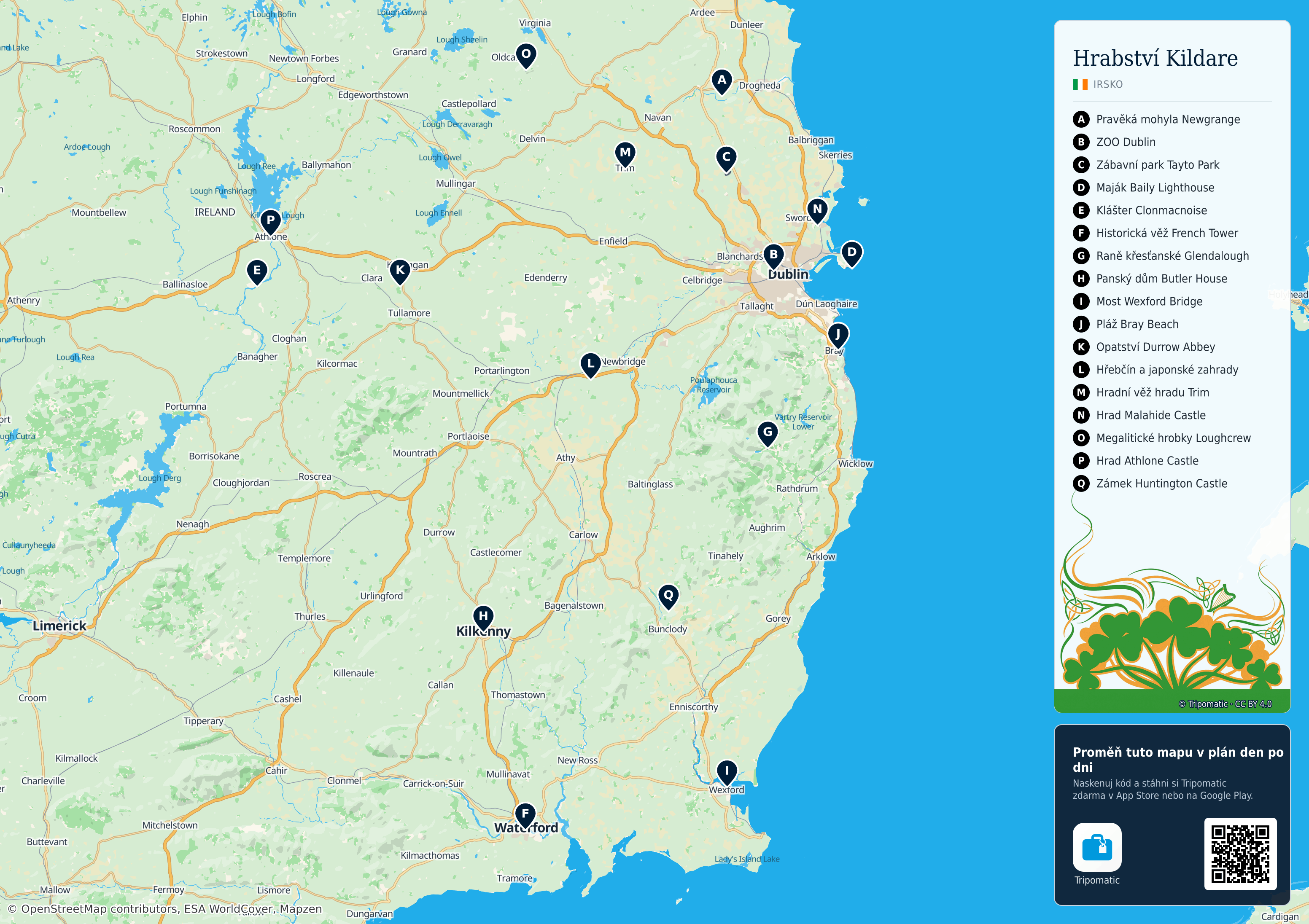 Hrabství Kildare – turistická mapa k vytisknutí s očíslovanými hlavními památkami