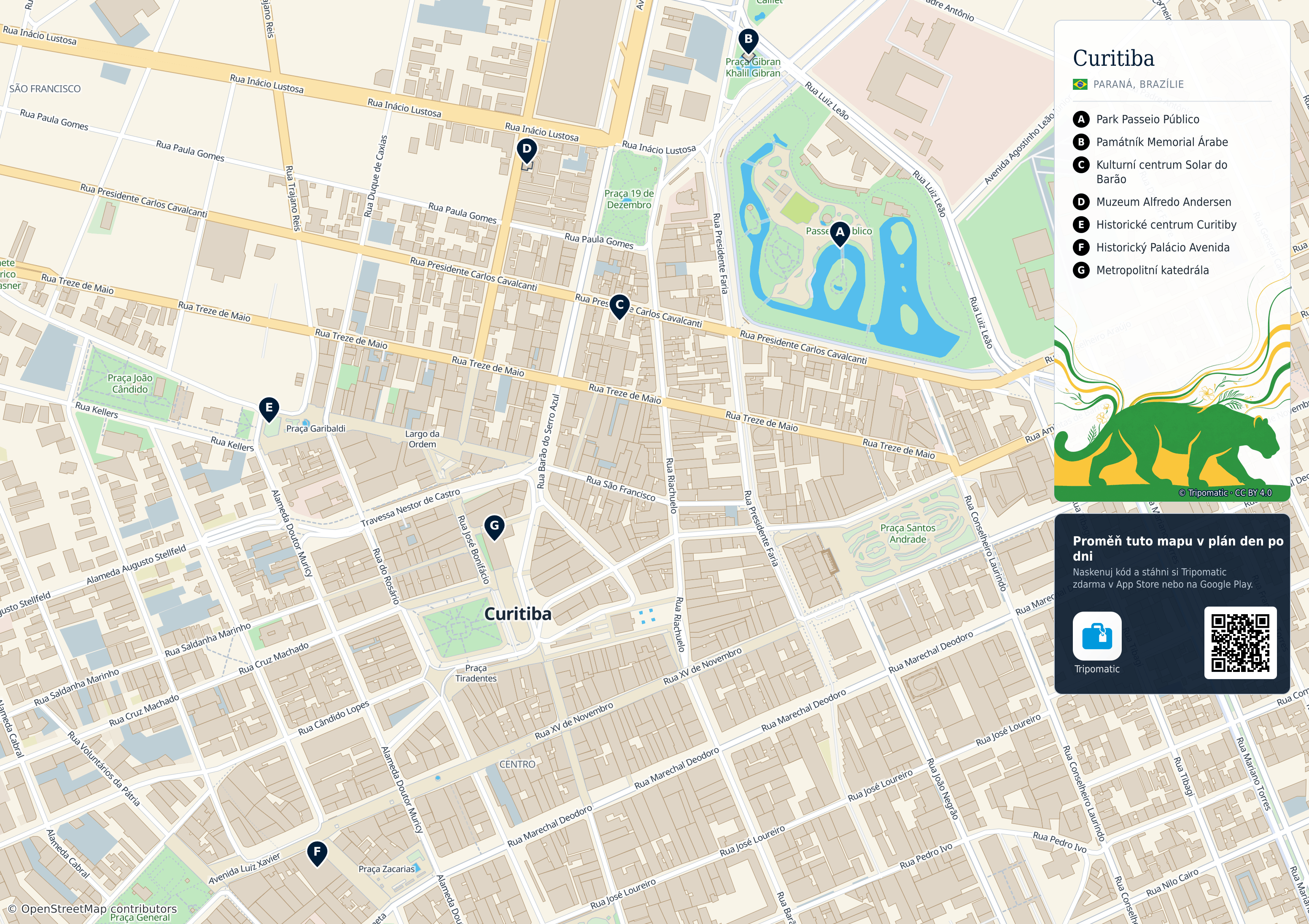 Curitiba – turistická mapa k vytisknutí s očíslovanými hlavními památkami