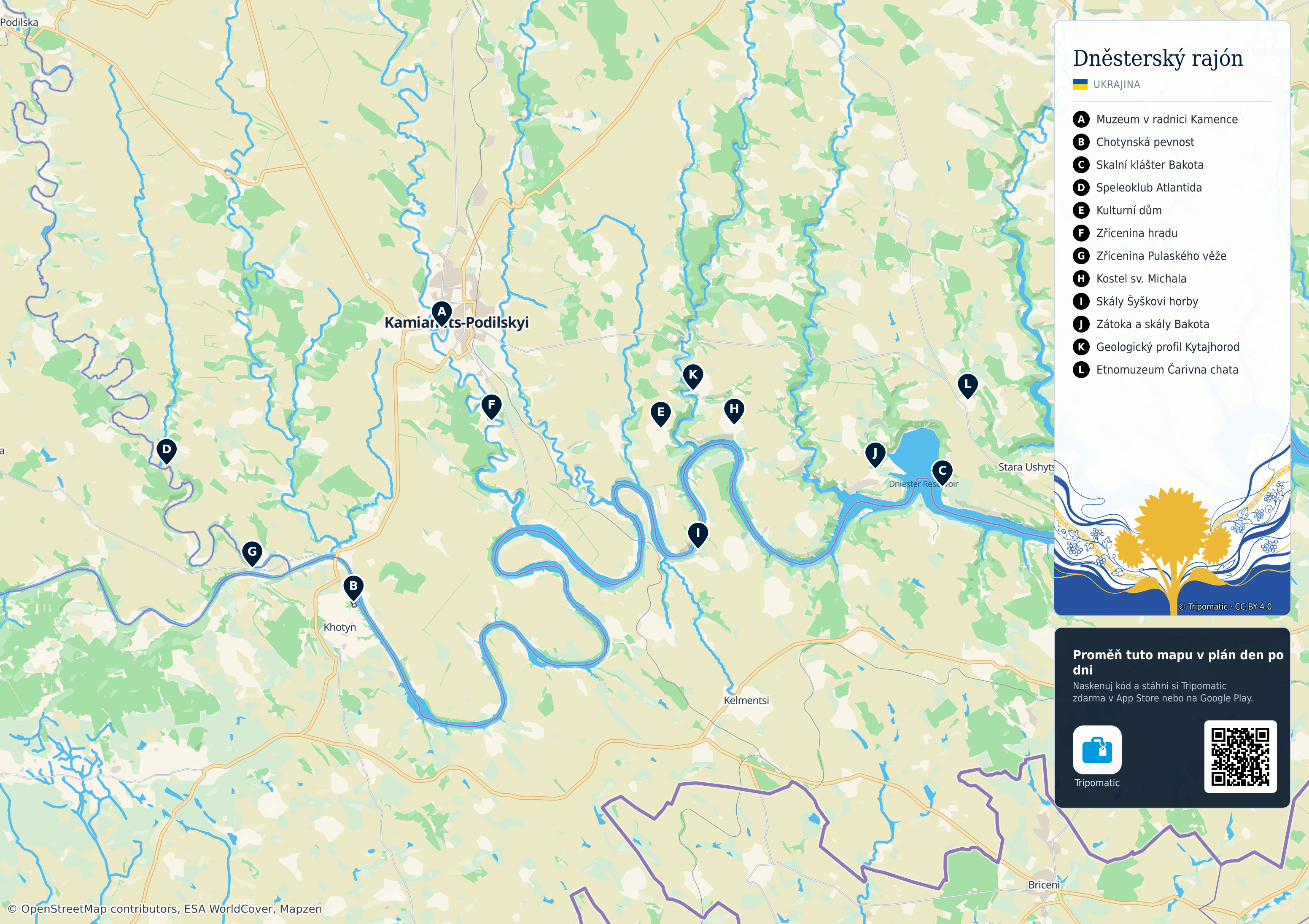 Dněsterský rajón – turistická mapa k vytisknutí s očíslovanými hlavními památkami