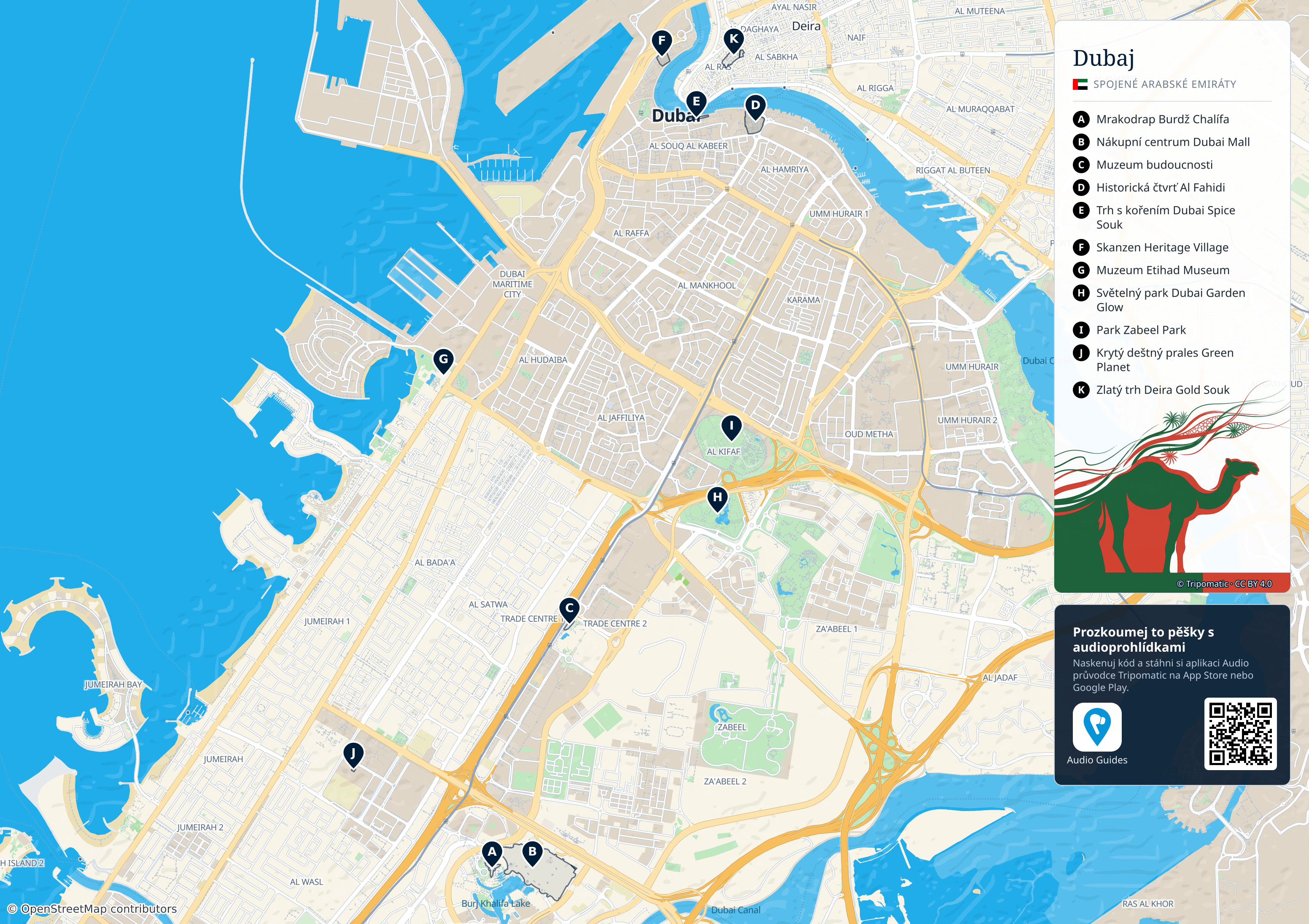Dubaj – turistická mapa k vytisknutí s očíslovanými hlavními památkami