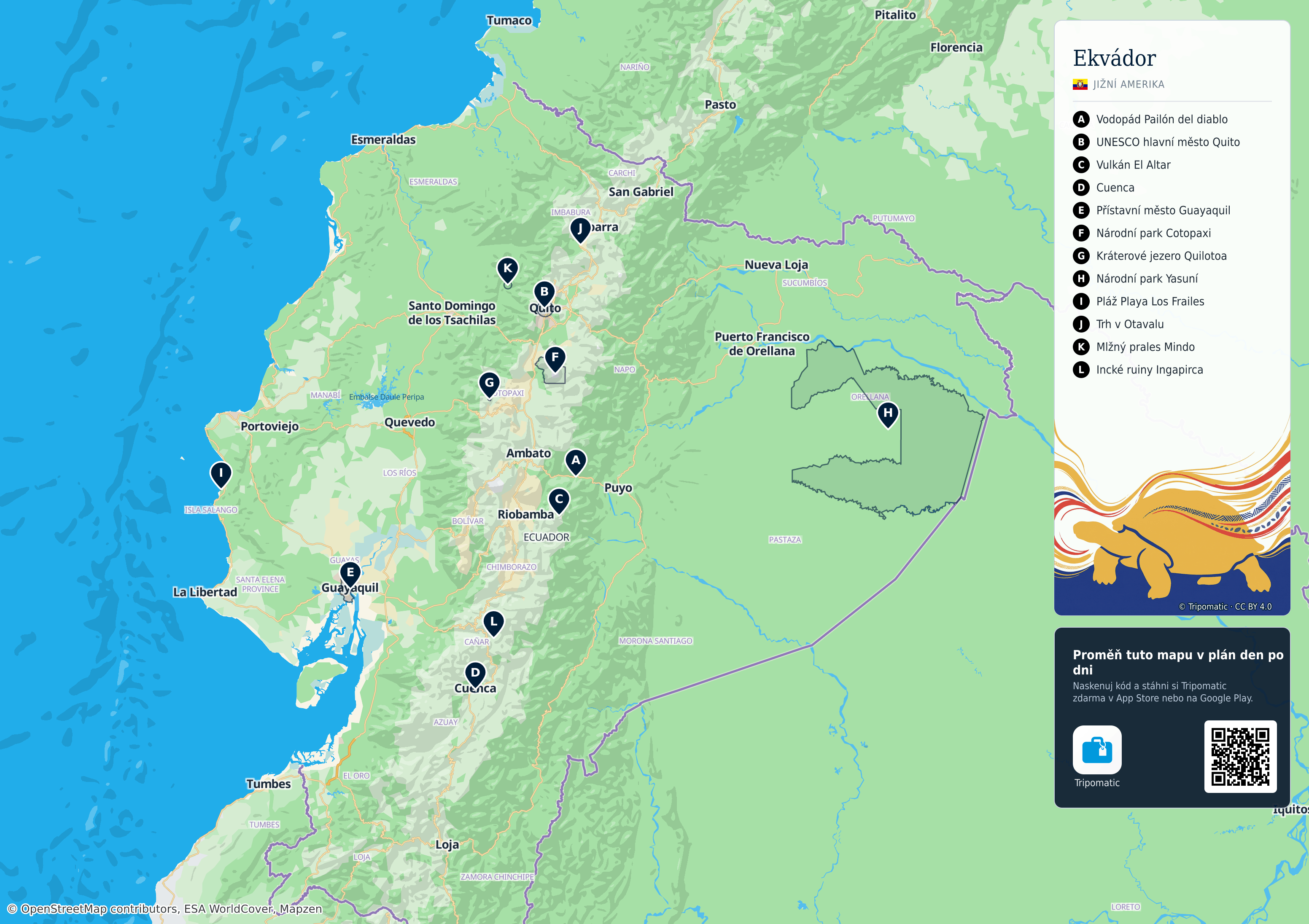 Ekvádor – turistická mapa k vytisknutí s očíslovanými hlavními památkami