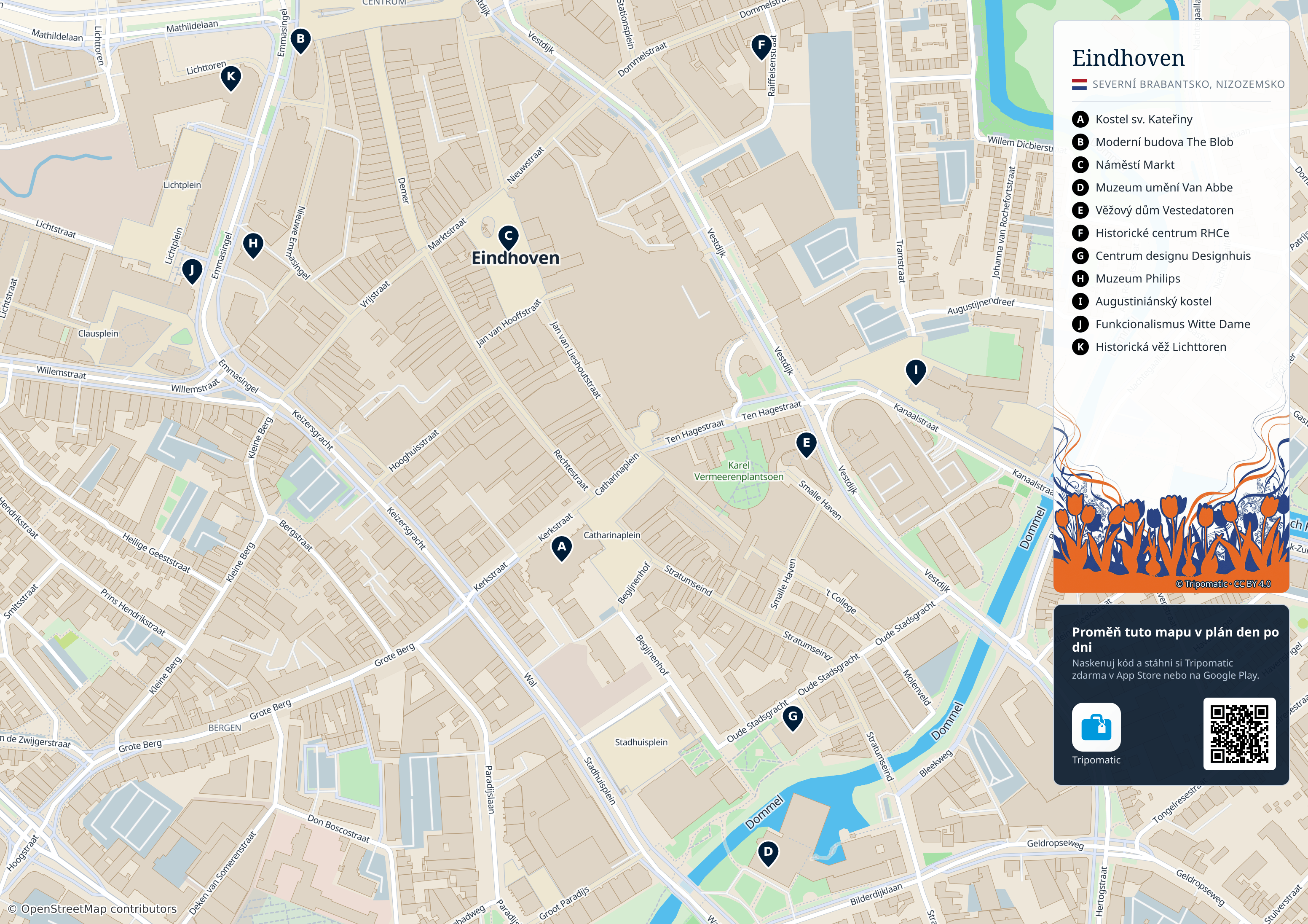 Eindhoven – turistická mapa k vytisknutí s očíslovanými hlavními památkami