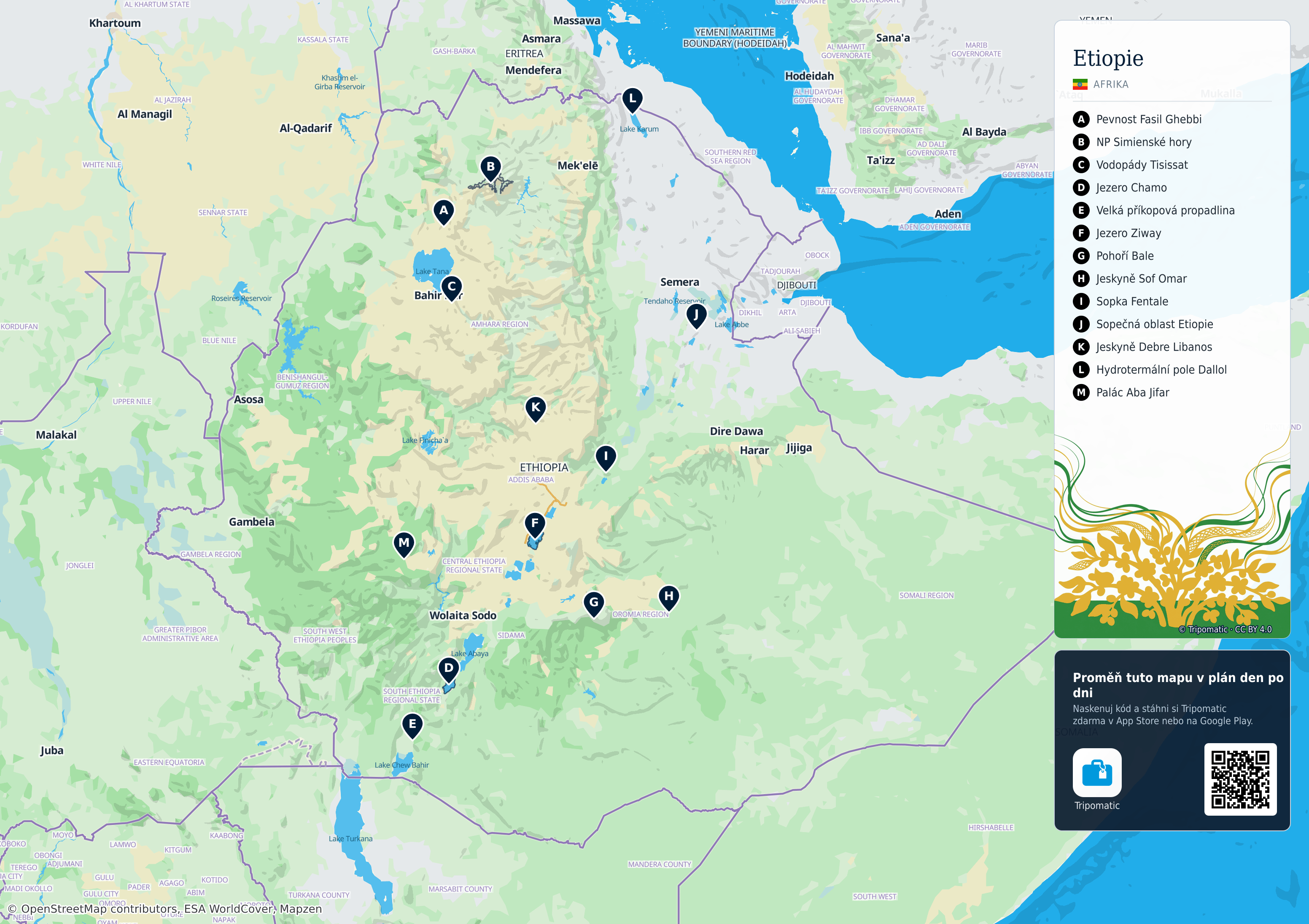 Etiopie – turistická mapa k vytisknutí s očíslovanými hlavními památkami