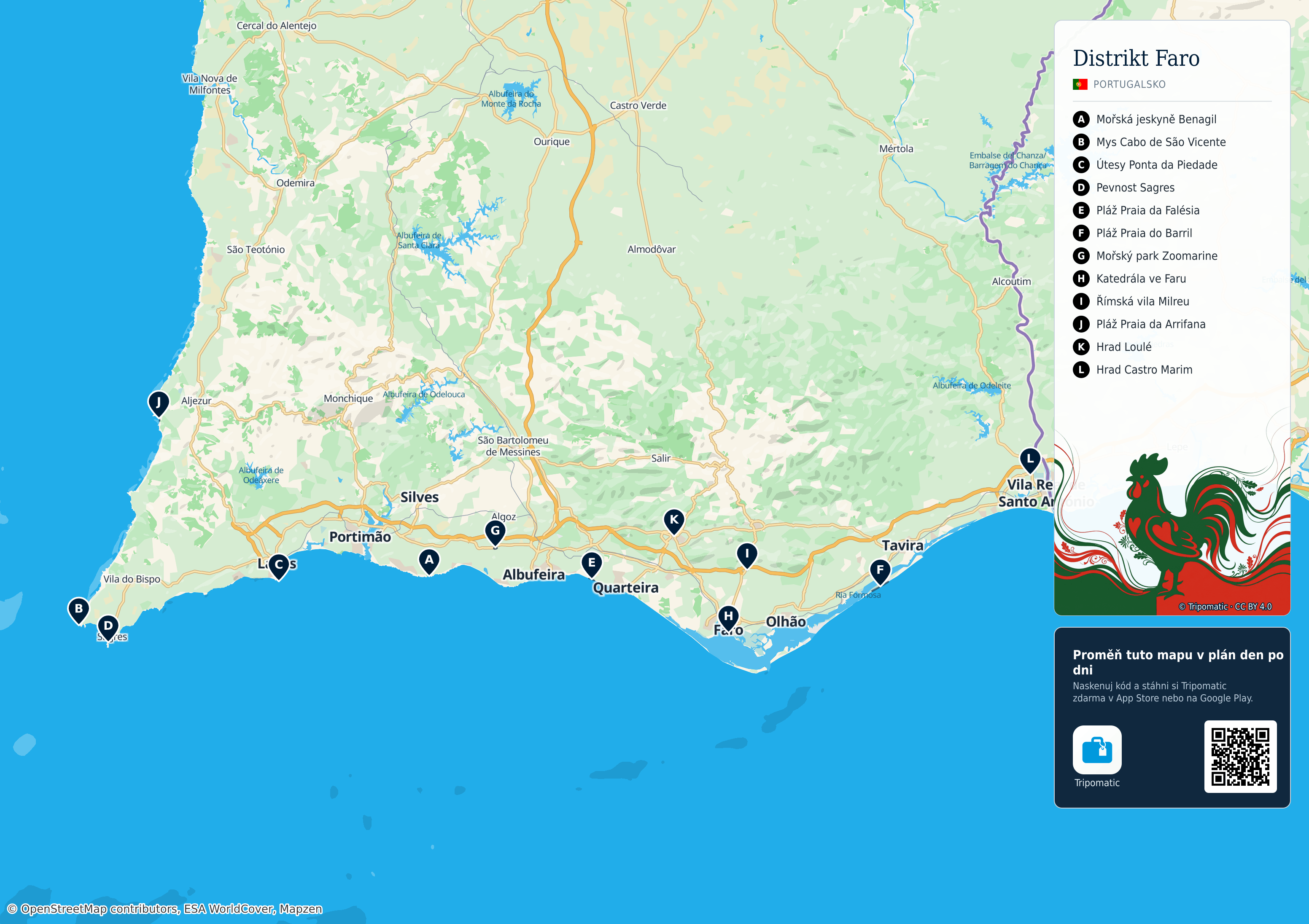 Distrikt Faro – turistická mapa k vytisknutí s očíslovanými hlavními památkami